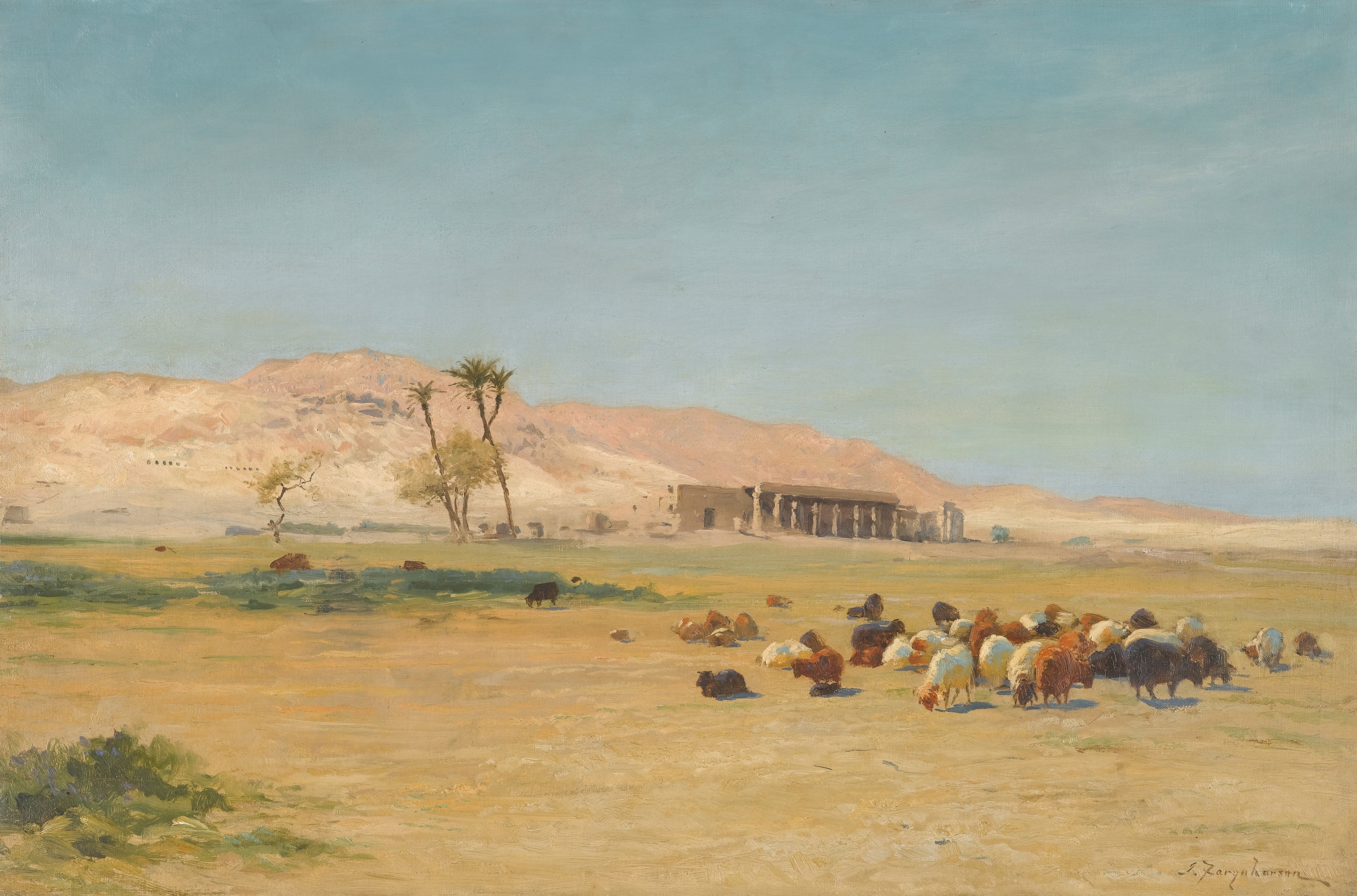 Egyptian Landscape by Joseph Farquharson, oil painting depicting rolling hills and golden light.