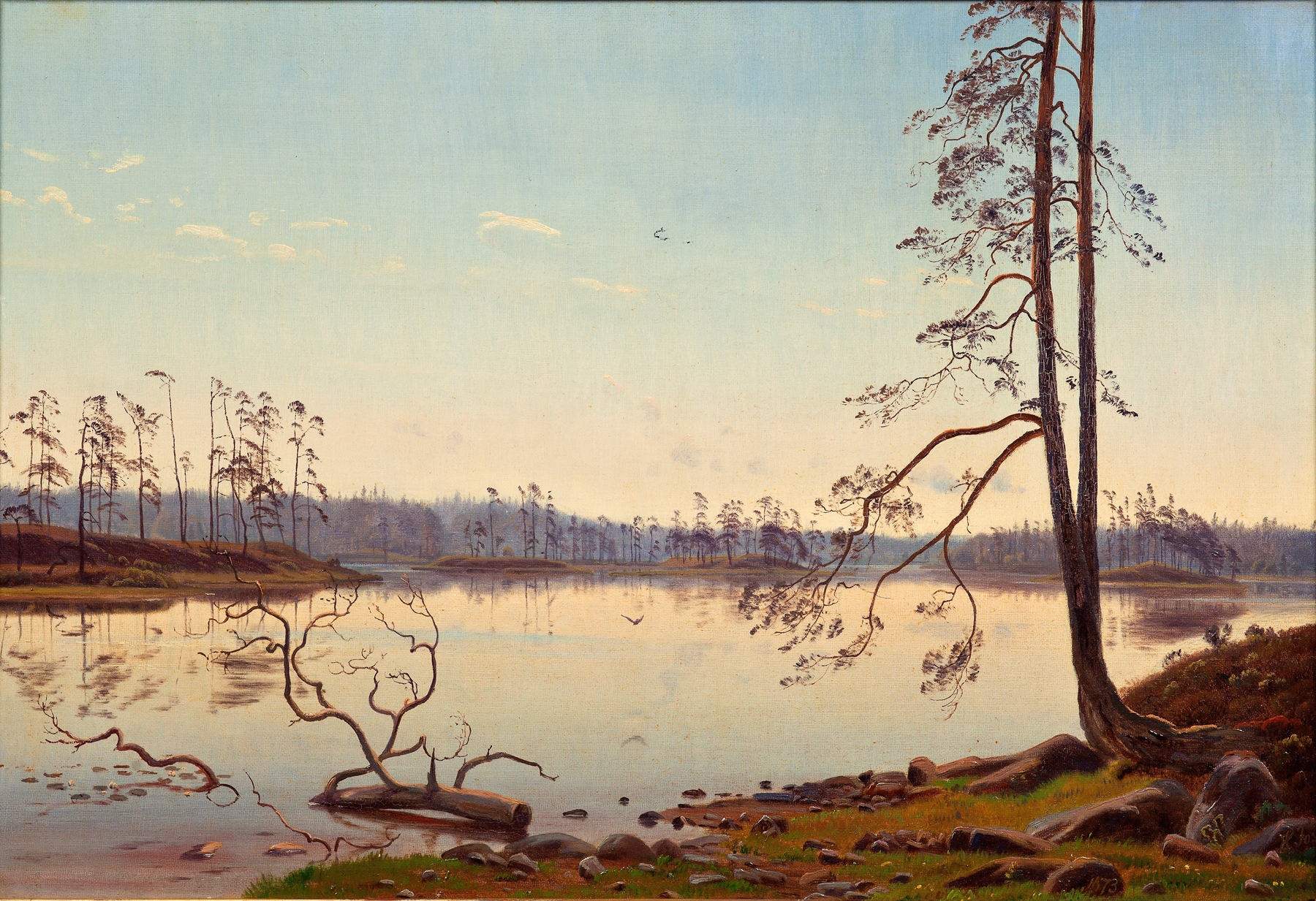 Landscape depicting a summer morning with sunlight, by Harald Foss.