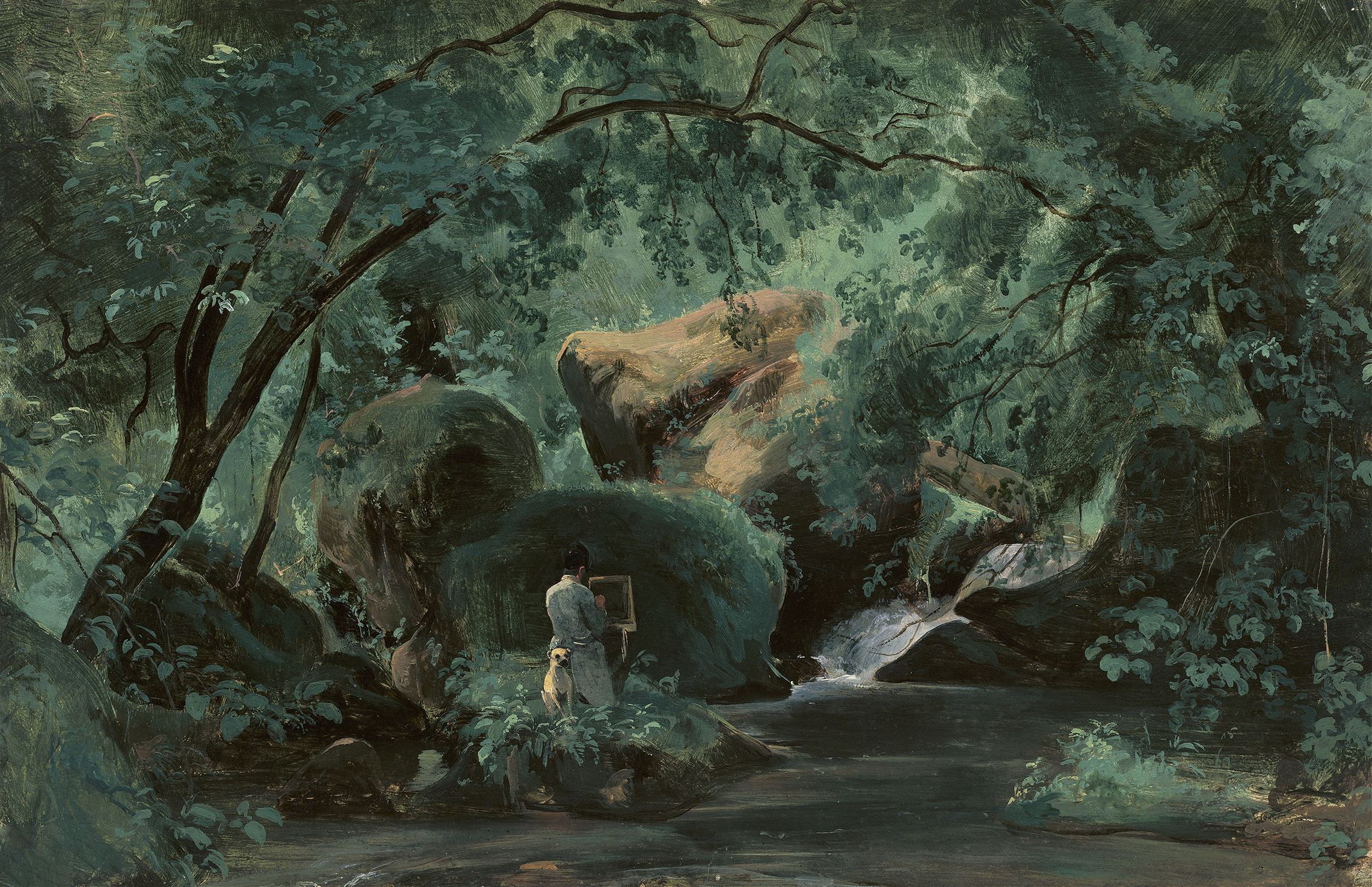 Forest Interior with a Painter, oil on canvas by André Giroux