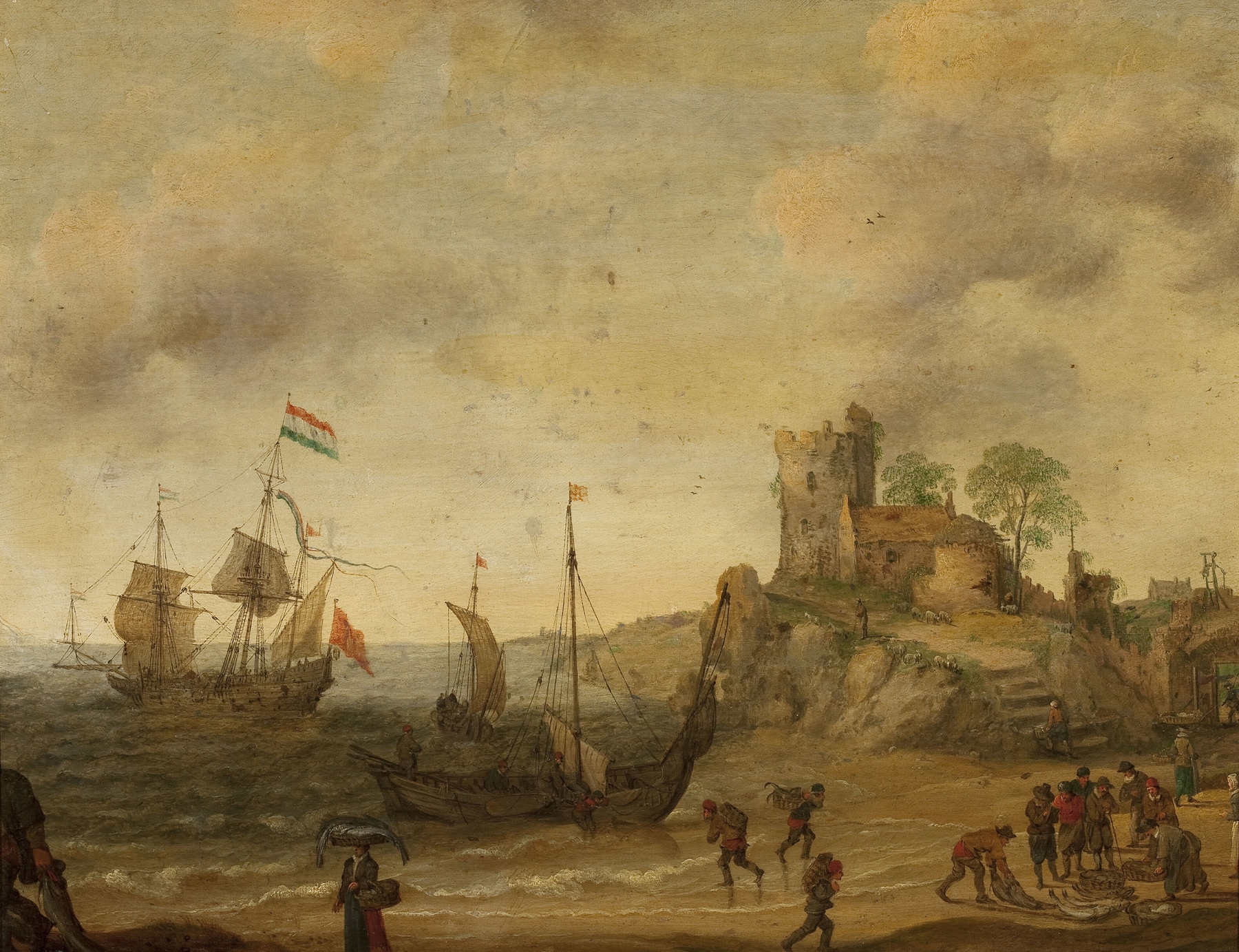Fishermen at the seaside by Adam Willaerts, oil painting depicting fishermen working near the shore.