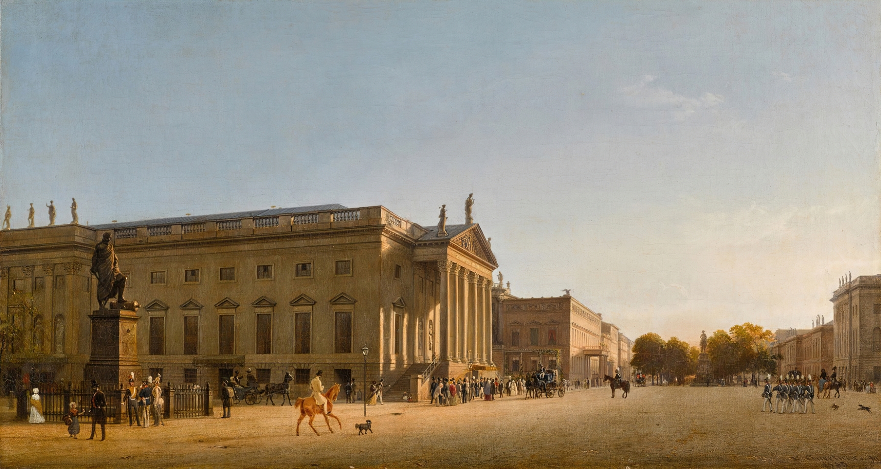 The Royal Opera, Unter den Linden, Berlin by Eduard Gaertner, oil painting depicting an intricate opera house facade.