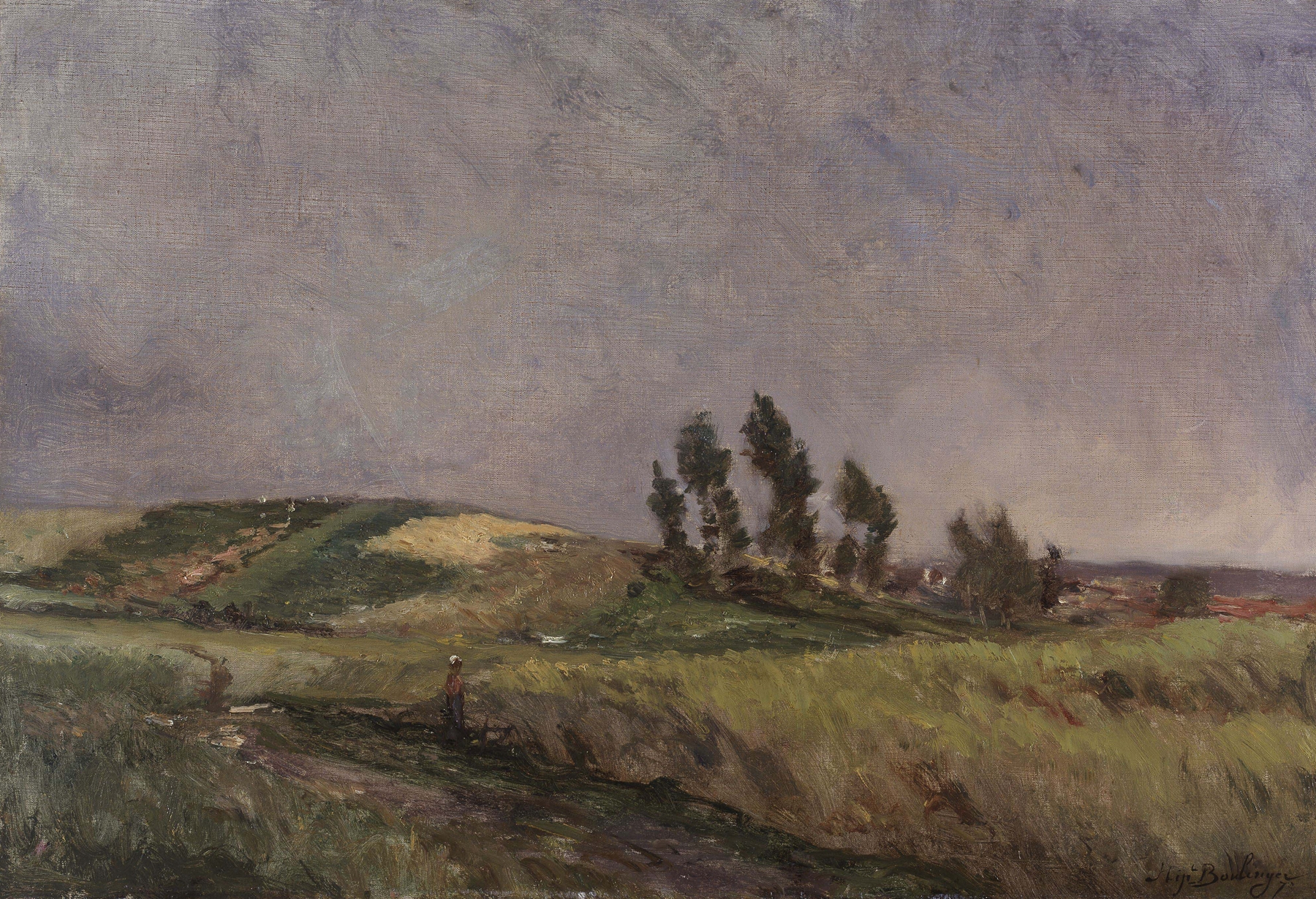 Gehucht in de duinen by Hippolyte Boulenger, oil on canvas depicting gentle dunes and light.