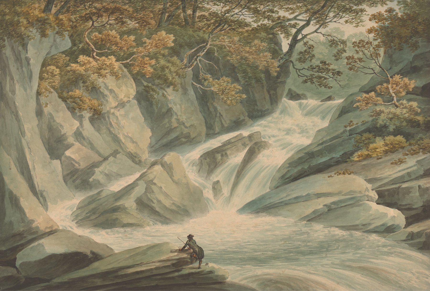 Hafod; Upper Part of Cascade, watercolor on paper by John Warwick Smith