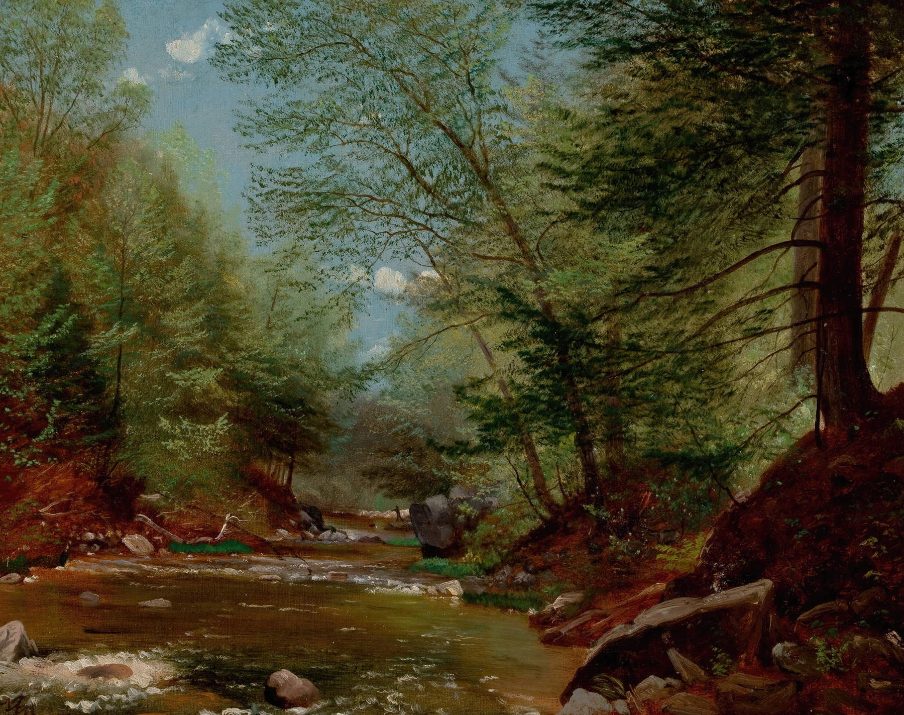 Fly Fishing by Nelson Augustus Moore, oil painting depicting a man fishing by a river.