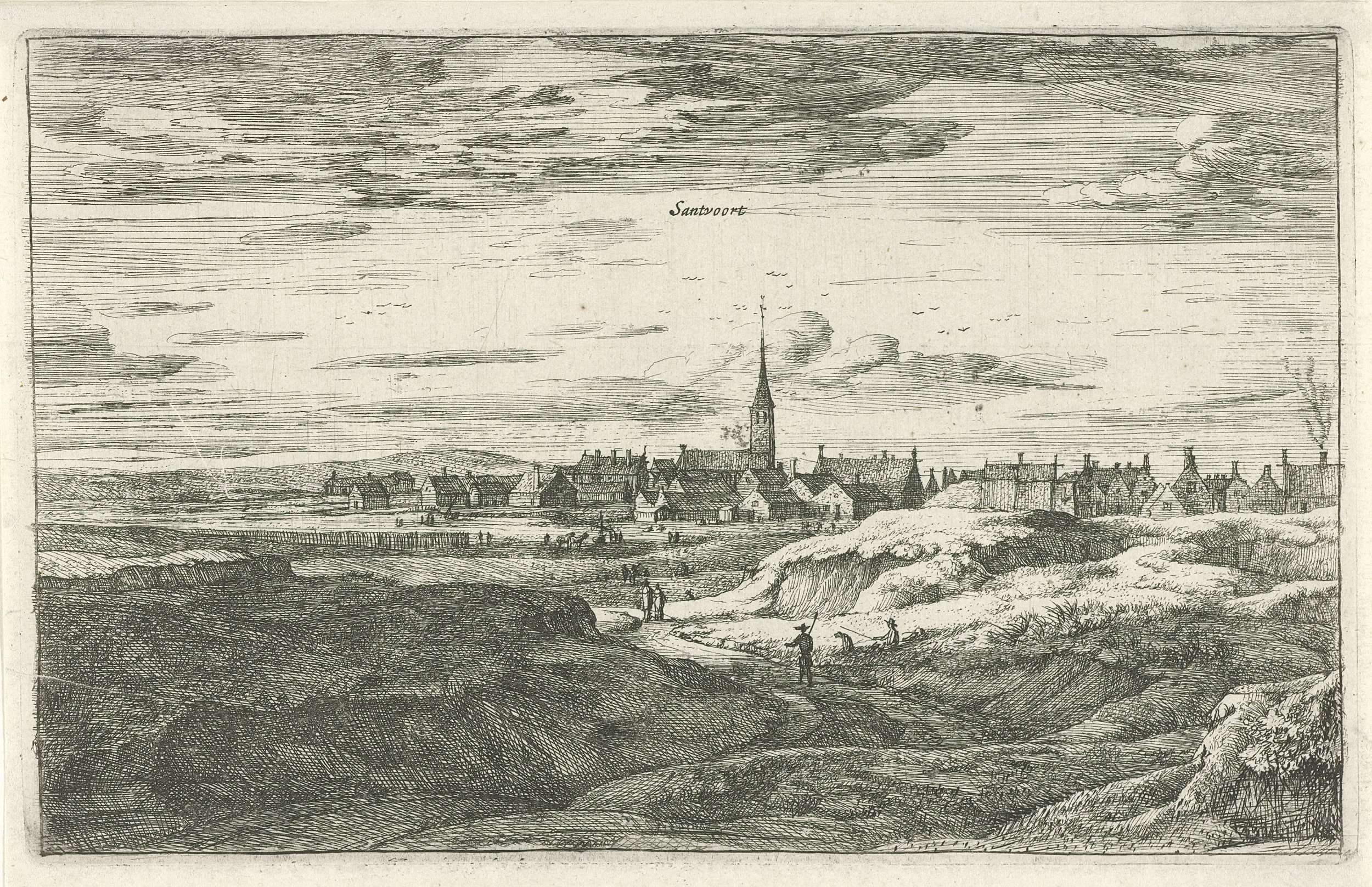 Etching by Roelant Roghman depicting a landscape with waves and a sunset.