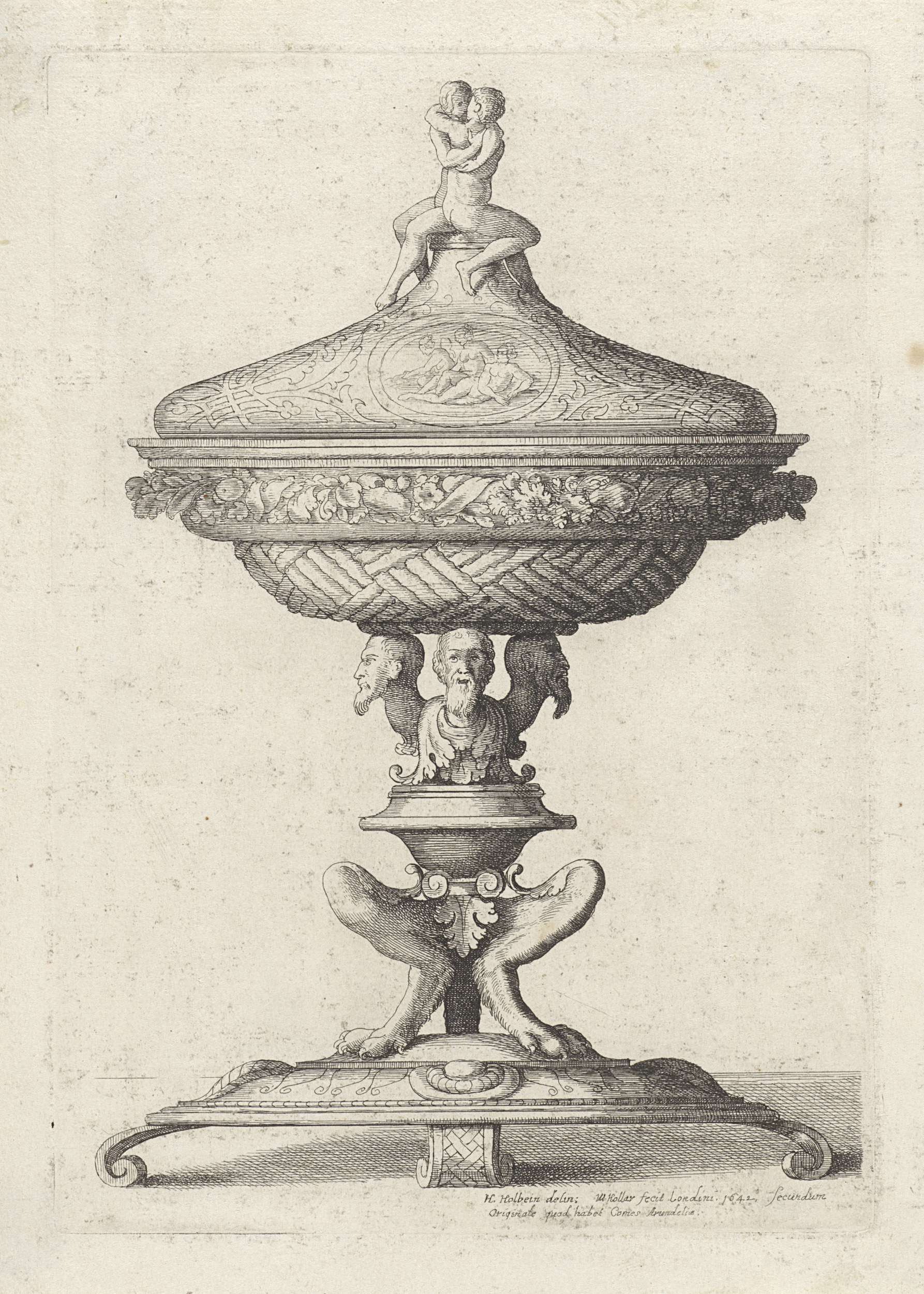 Etching by Wenceslaus Hollar depicting an ornate glass vessel and an embracing couple.