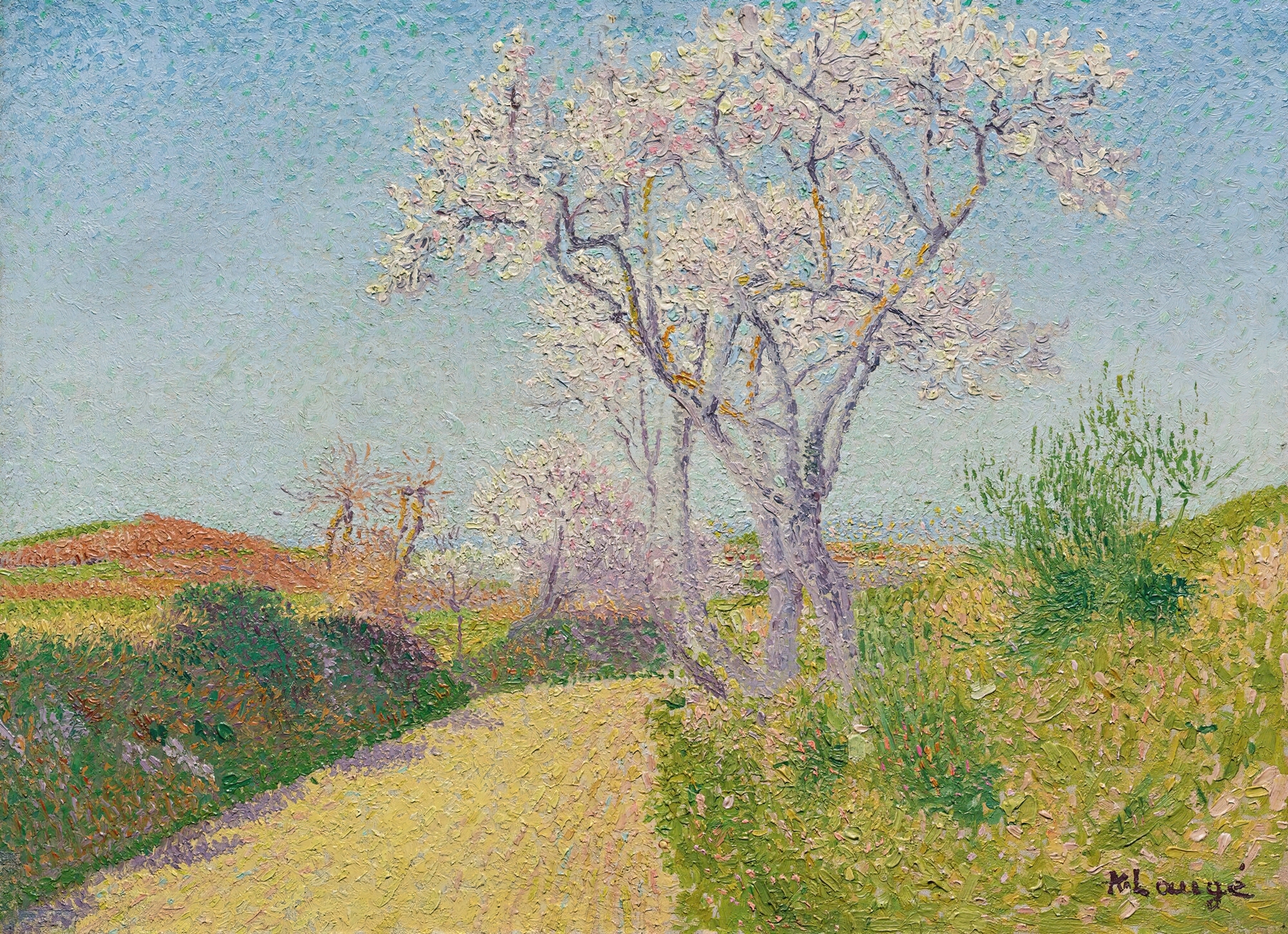 Landscape with almond trees in bloom, oil painting by Achille Laugé