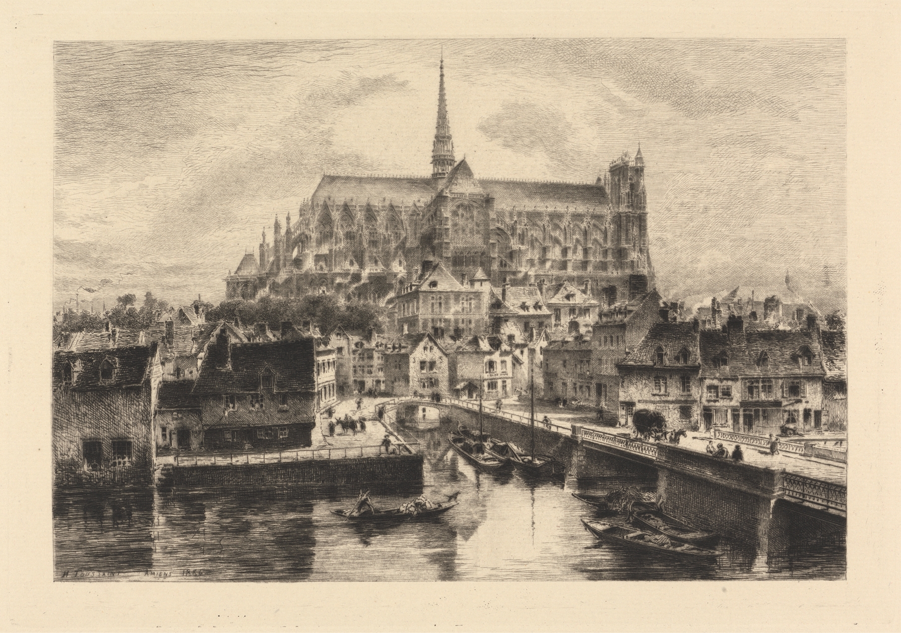 Amiens by Henri Toussaint, oil on canvas, depicting serene landscape with intricate architecture and soft light.