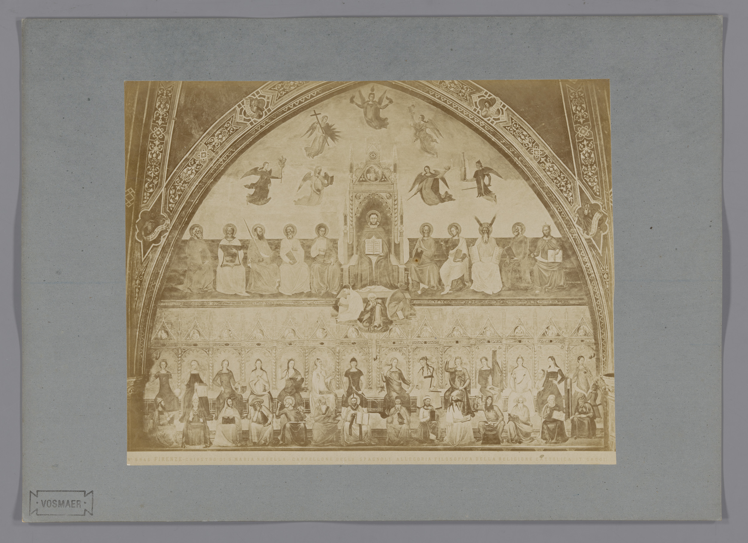 Fotoreproductie van het fresco Filosofische allegorie op de katholieke godsdienst naar Taddeo Gaddi in de Santa Maria Novella te Florence, Italië, by Fratelli Alinari, public domain