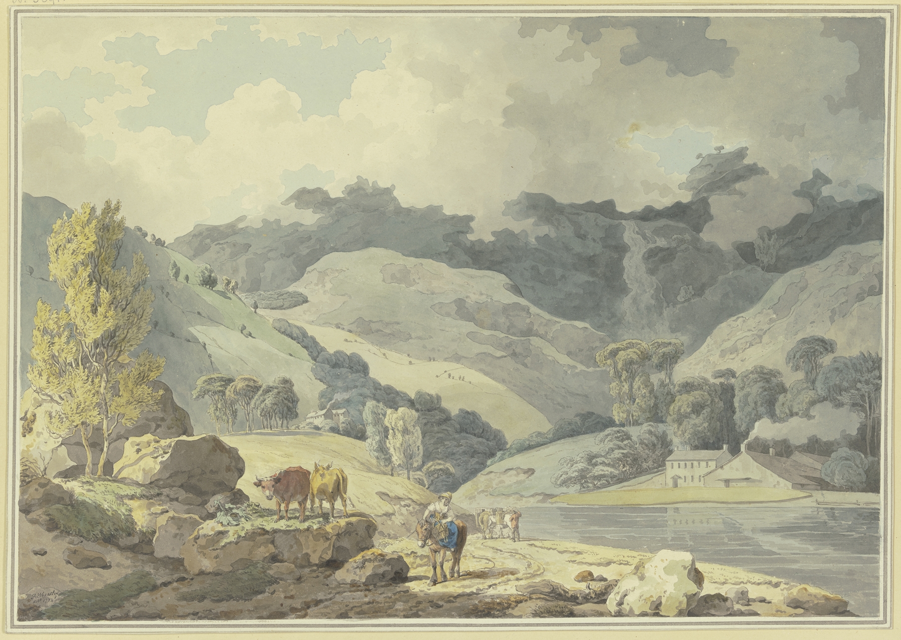 Gebirgslandschaft, auf dem Weg ein Mädchen zu Pferde, links zwei Kühe, by Francis Wheatley, public domain