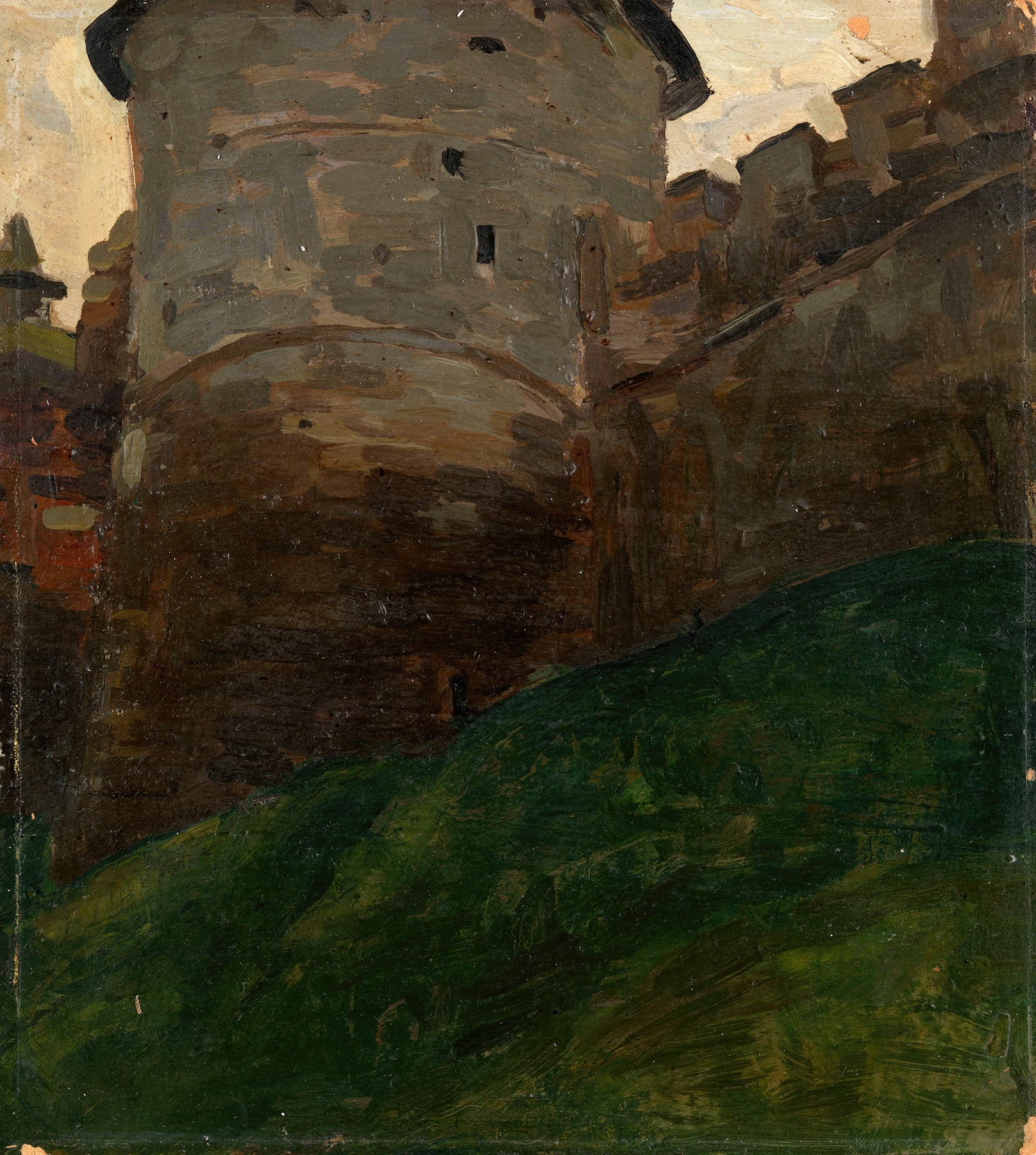 The Kremlin Tower of Nizhny Novgorod by Nicholas Roerich, oil painting depicting architecture.