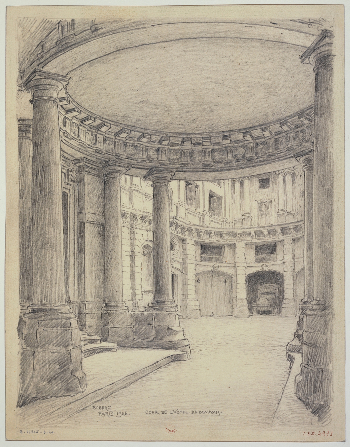 Cour de l’hôtel de Beauvais by Ferdinand Boberg, oil on canvas depicting a warm courtyard