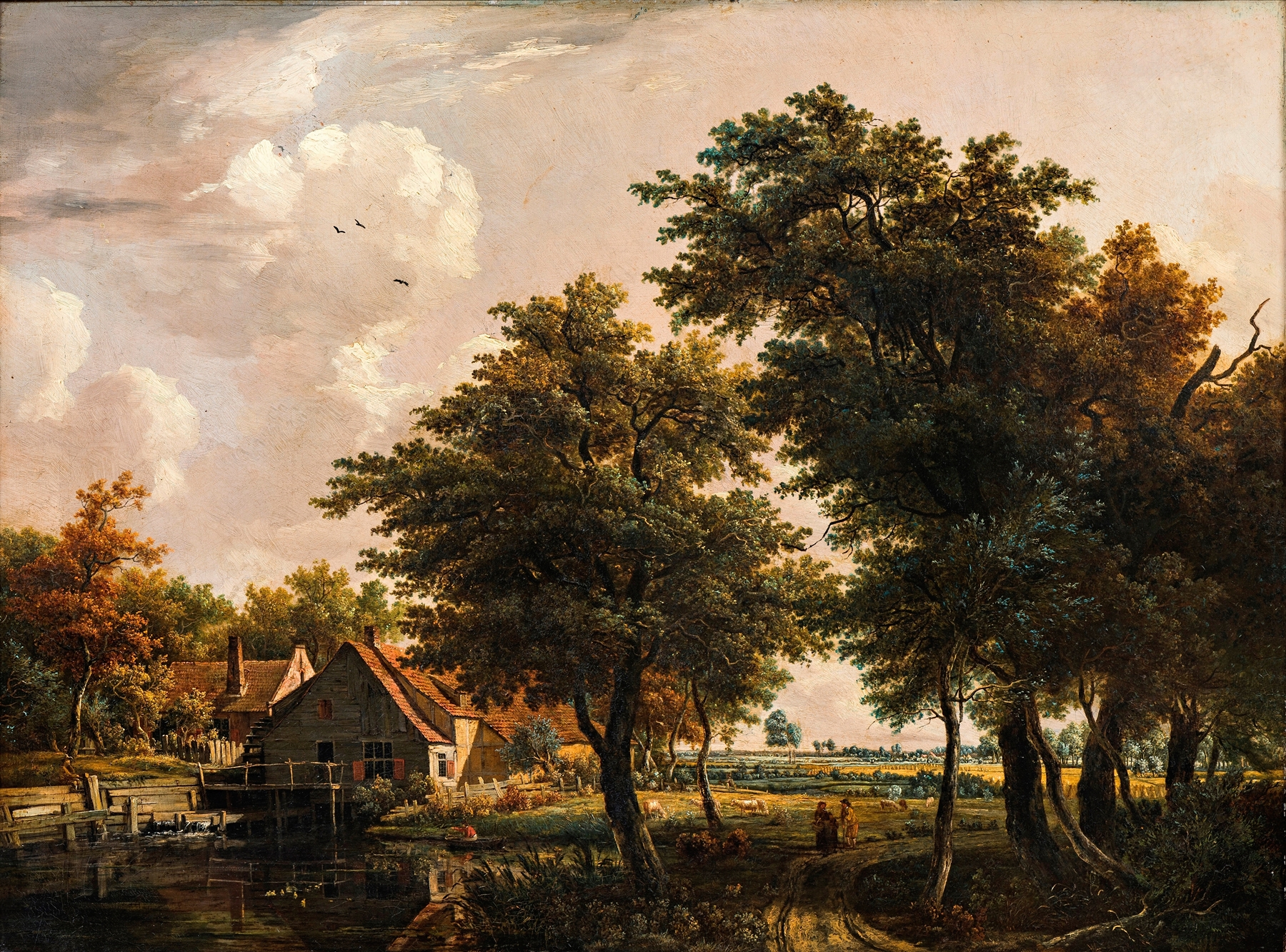 Landscape with watermill by Egbert van Drielst, oil painting depicting a serene river scene.