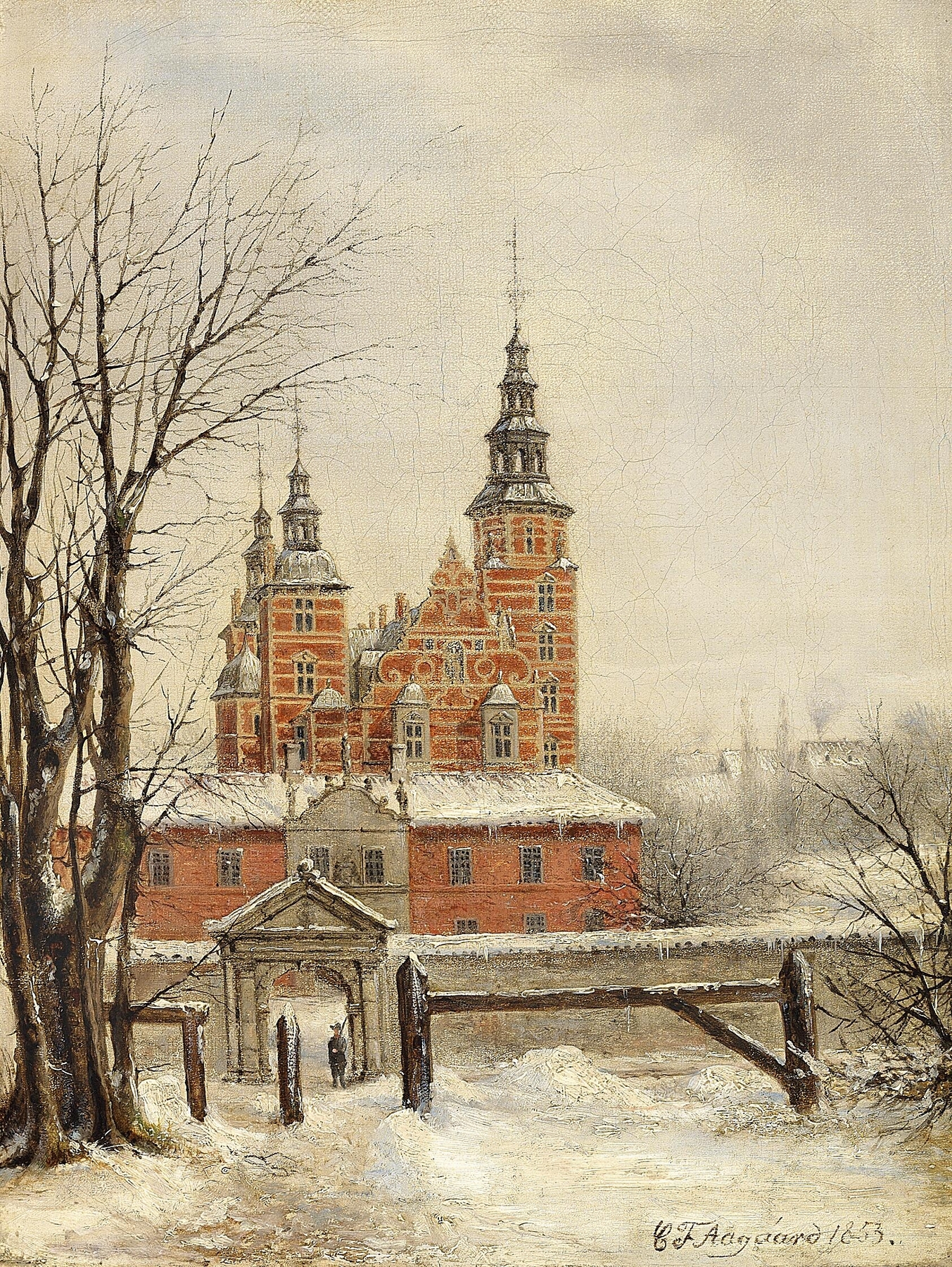 Rosenborg ved vintertide, oil on canvas by Carl Frederik Aagaard, depicting a snowy landscape with a castle.
