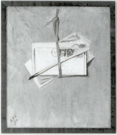 Oil painting by Gill St John depicting a letter bundle and goose pen on a wall.