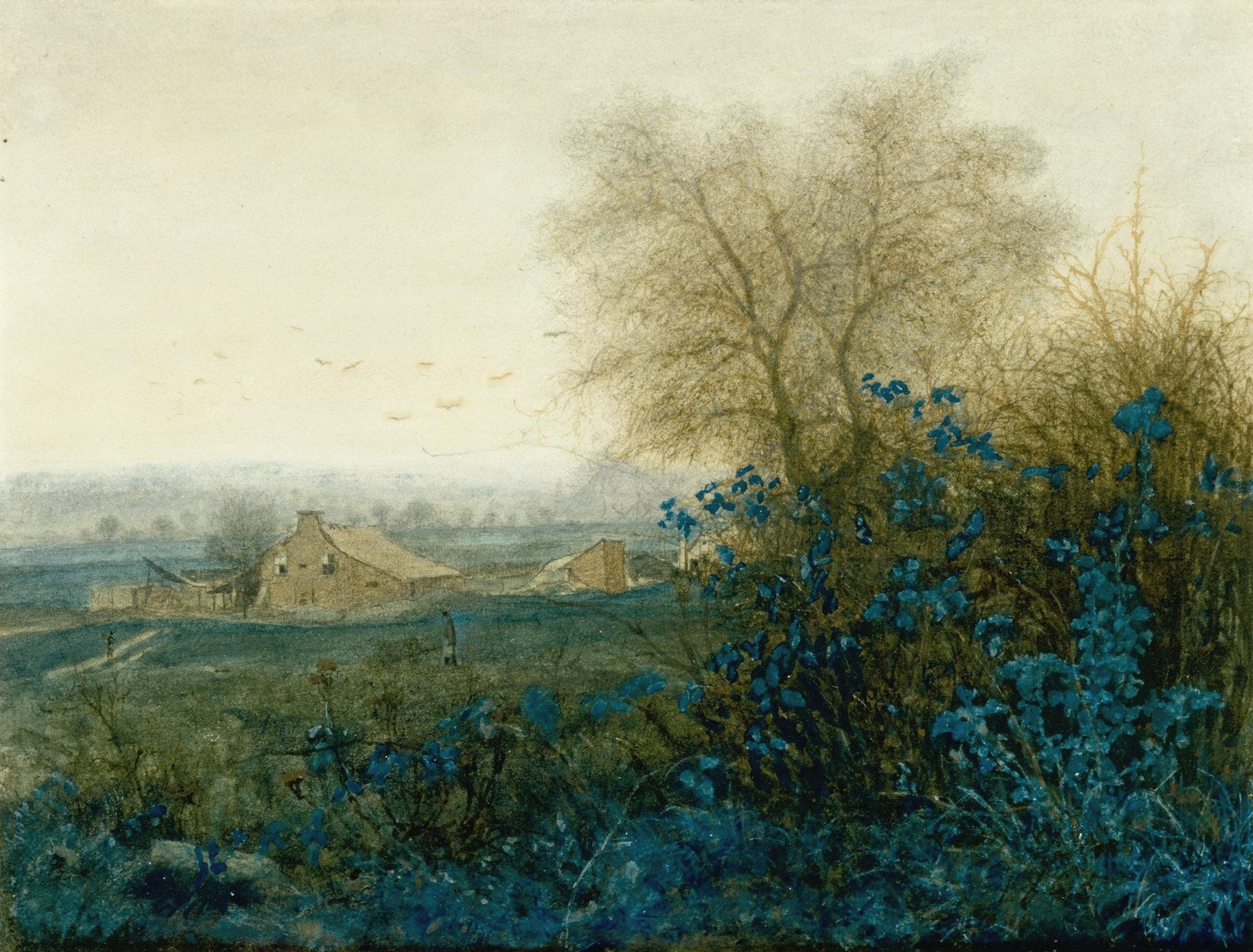 Landscape with a farmhouse and a peasant wheeling a barrow, oil on canvas by Léon Bonvin