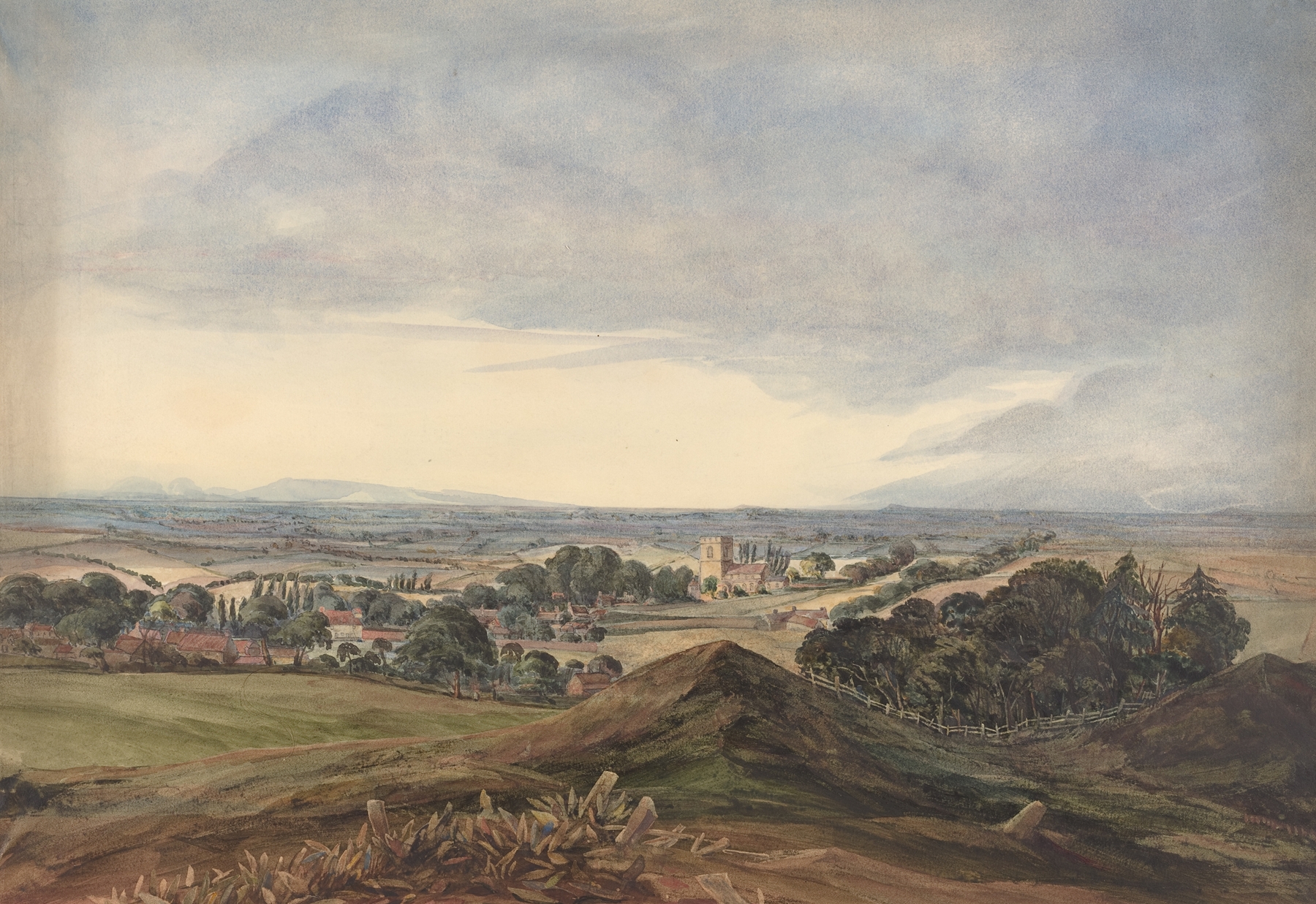 Watercolour by Rev. James Bulwer depicting Hunworth Church with light illuminating its architecture.
