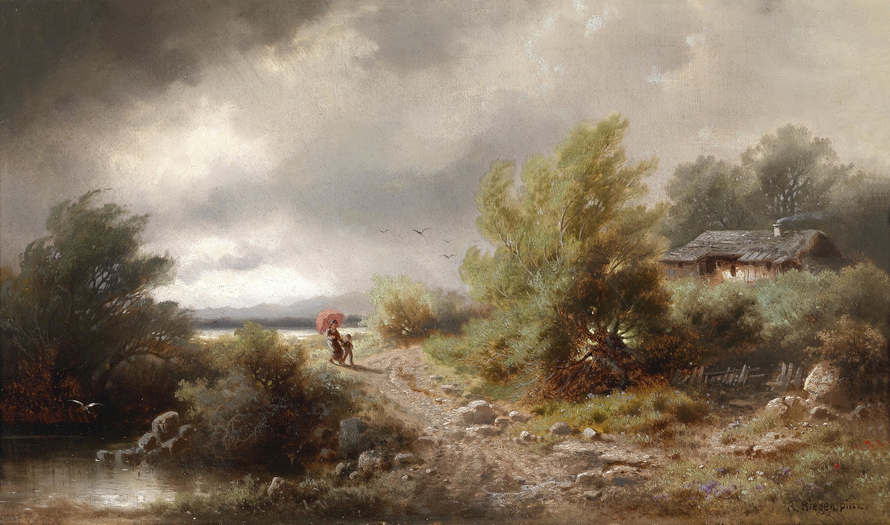 Landscape depicting a storm with swirling clouds and lightning by Albert Rieger