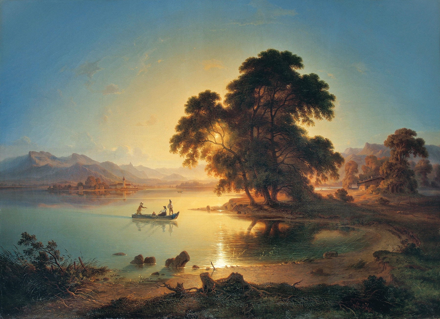 Sonnenuntergang am Chiemsee, oil on canvas by Felix von Schiller, depicting a sunset over the lake.