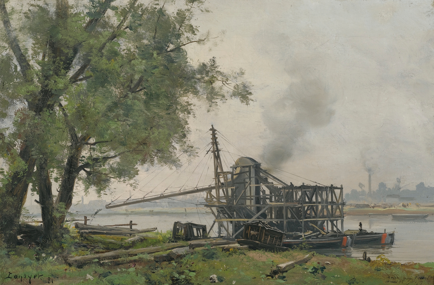 The Seine at Rouen by Emmanuel Lansyer, oil painting depicting a river landscape with reflections and trees.