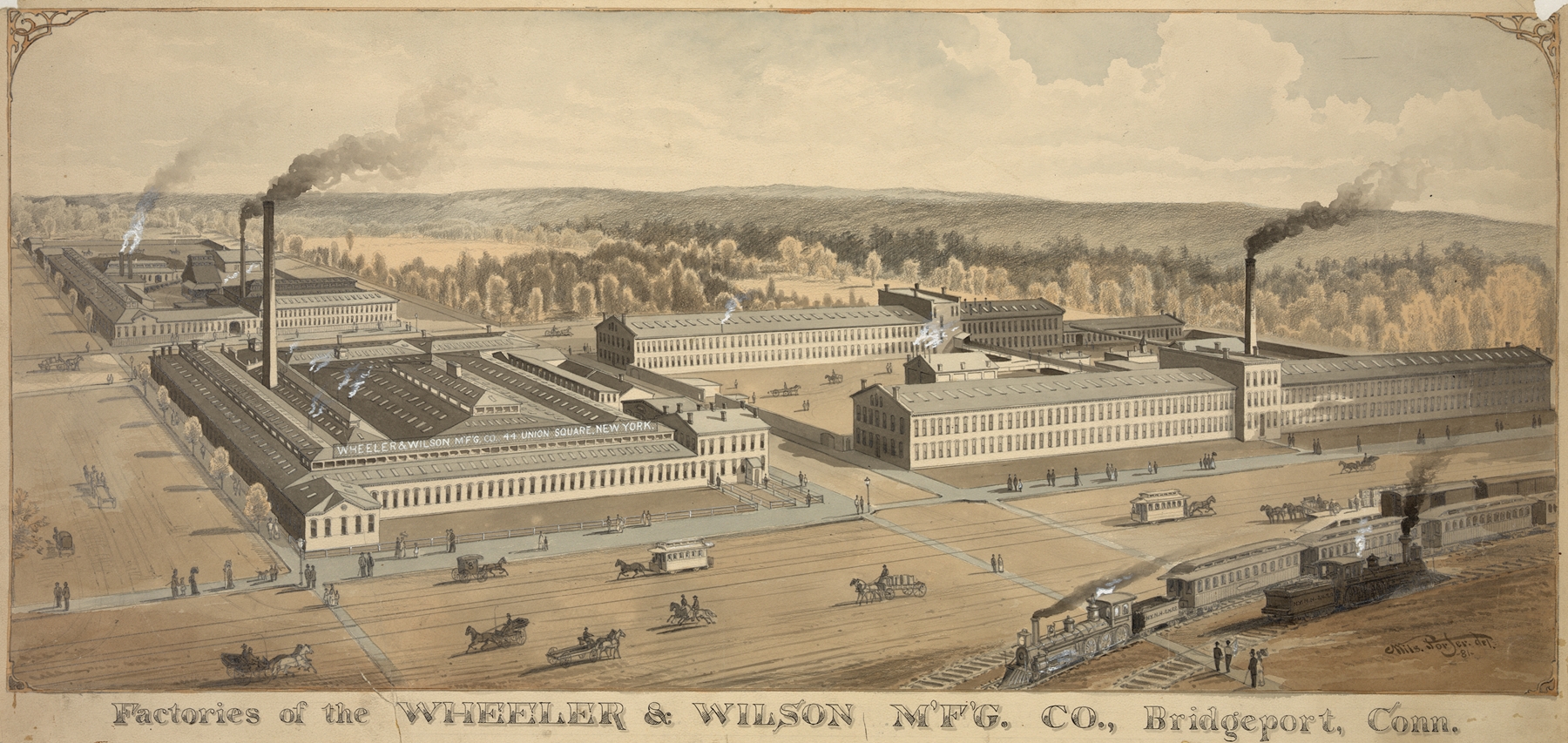 Factories of the Wheeler & Wilson M’F’G. Co. by William Arnold Porter, oil on canvas, depicting industrial architecture