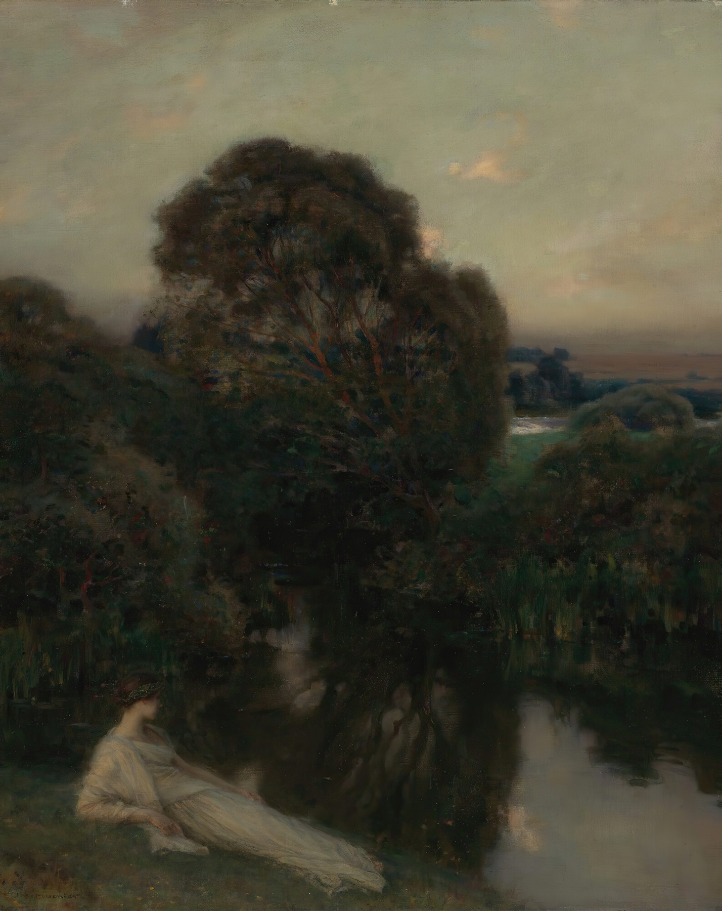 Serenity by Jules Alexis Muenier, oil on canvas depicting a tranquil landscape with gentle hues.