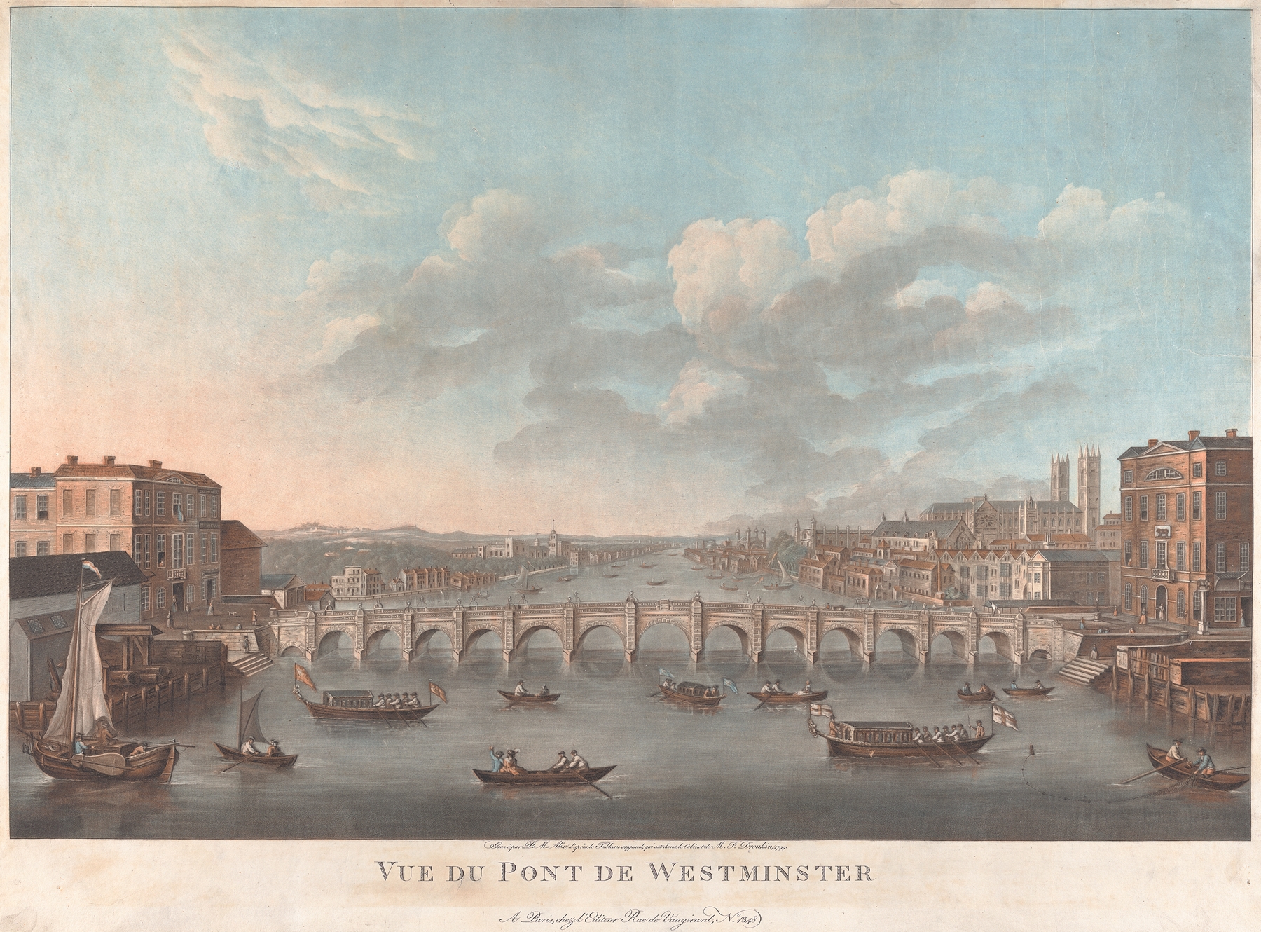 Vue de Pont de Westminster engraving by Pierre Michel Alix, depicting Westminster Bridge over a river.