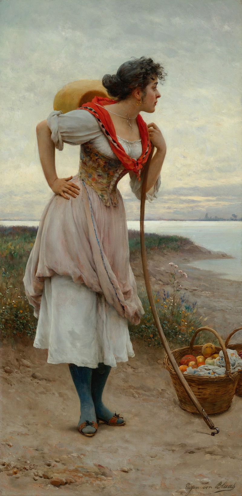 A woman in a red scarf daydreams in a serene setting.