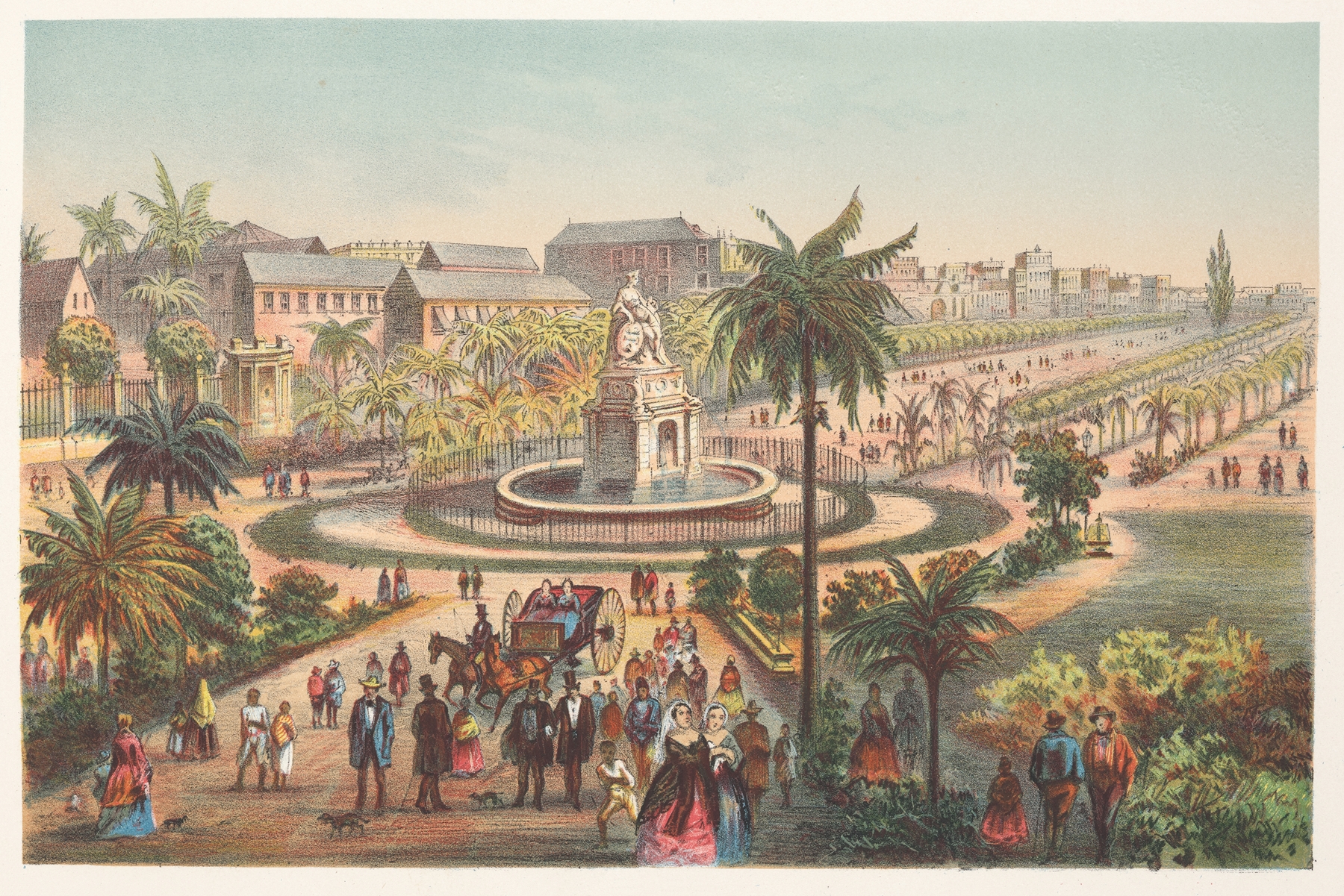 Fountain in a landscape with water cascading, by Pierre Toussaint Frédéric Mialhe, medium unknown.