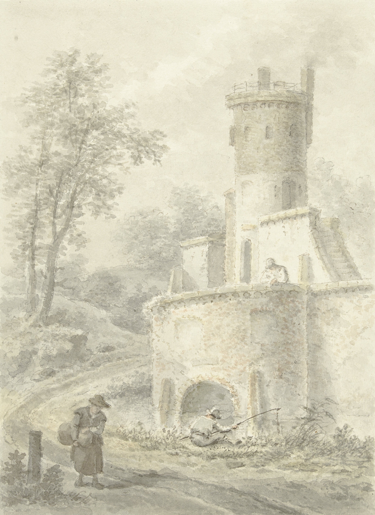 Landscape with an angler and a woman by a fortress tower, oil painting by Pieter Bartholomeusz. Barbiers