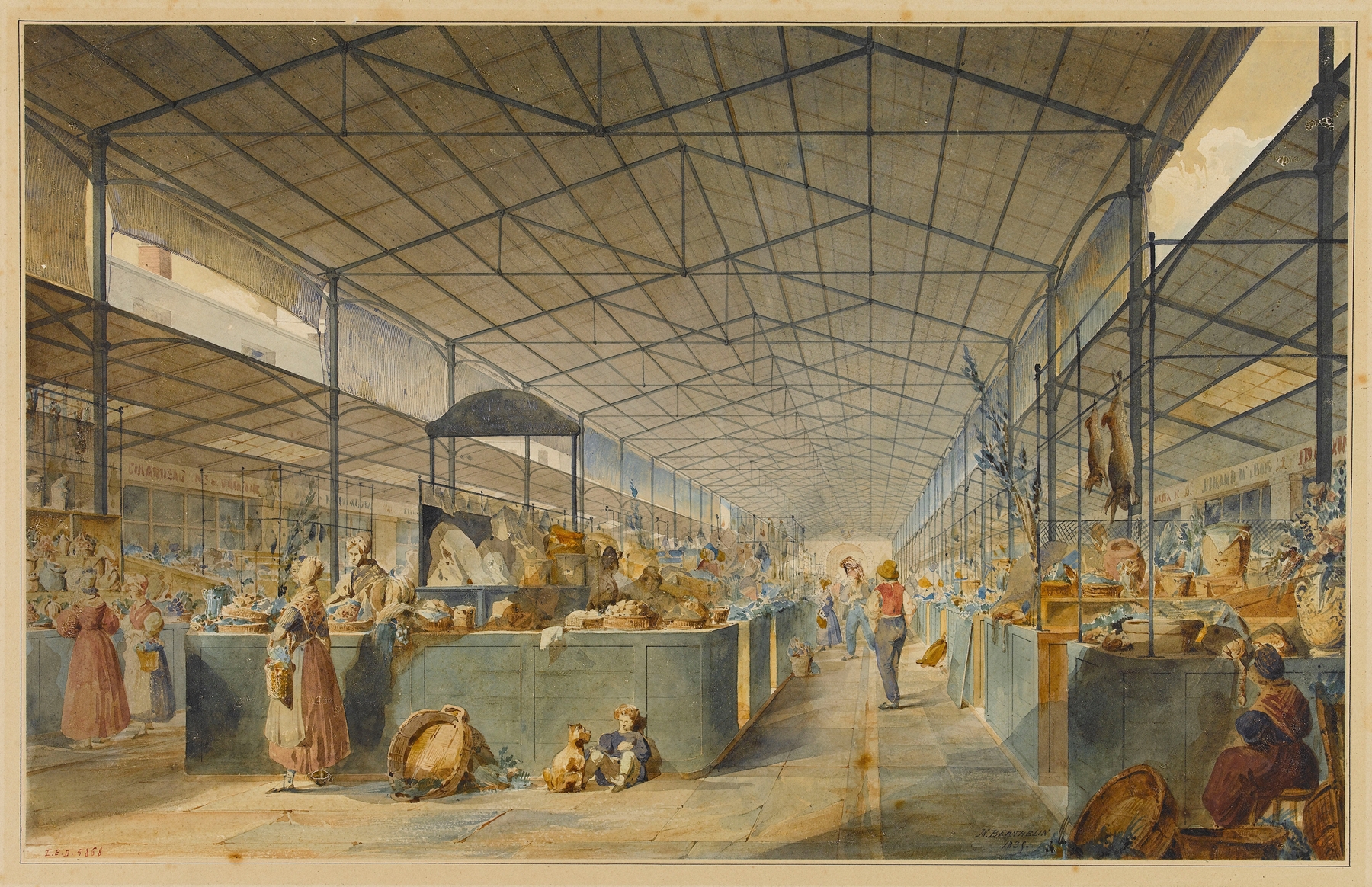 Interior scene of a market with stalls, oil painting by Max Berthelin