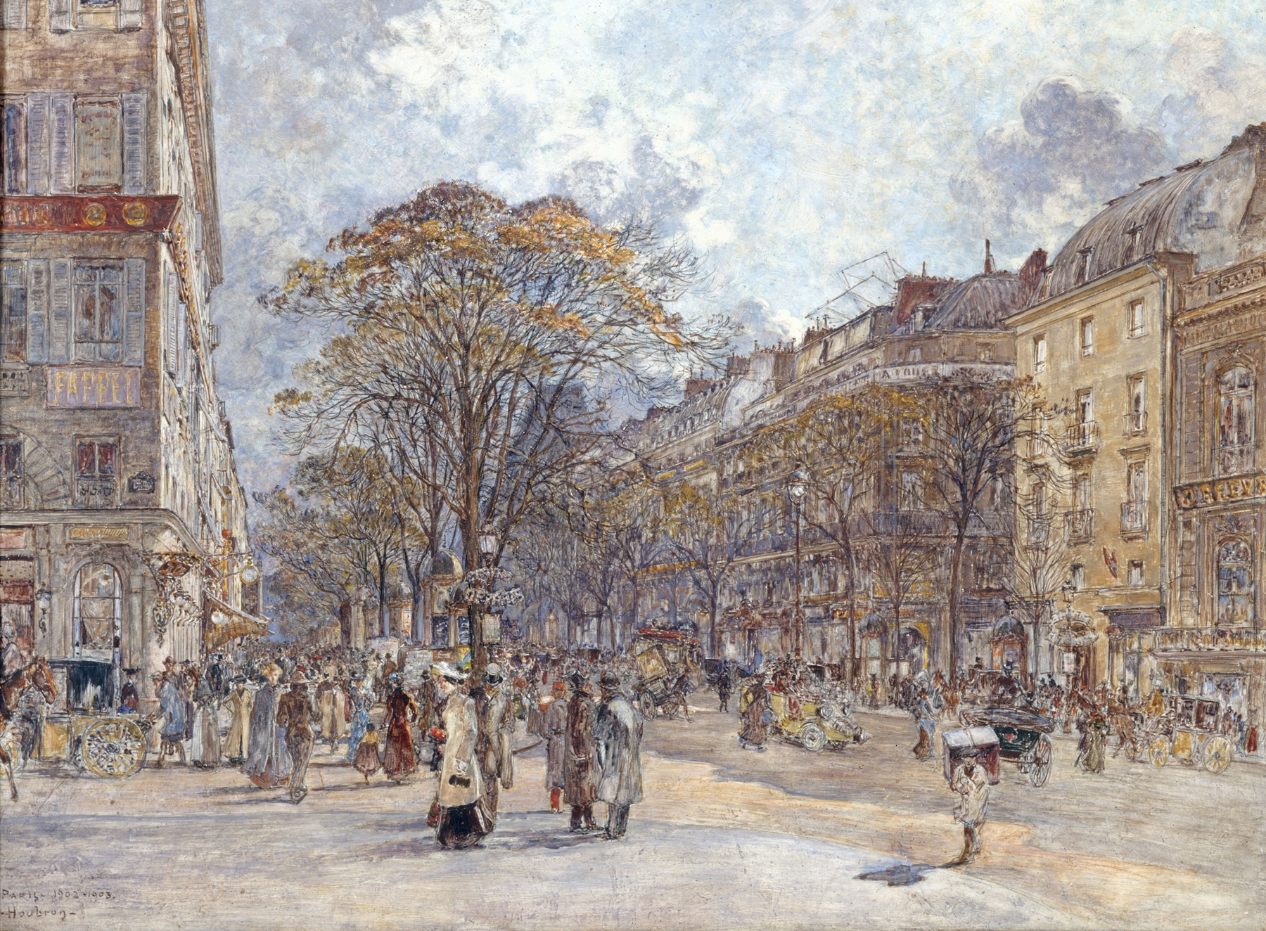 Genre scene of Parisians on the boulevard, oil on canvas by Frédéric Houbron