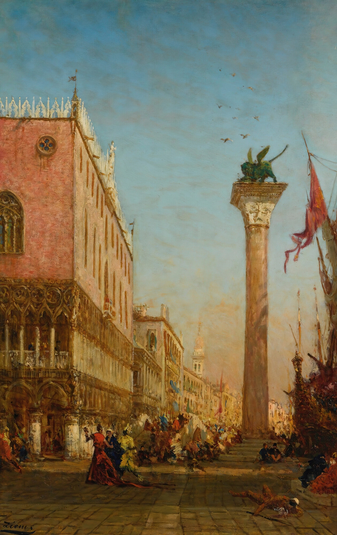 La Colonne Du Lion De Saint Marc Sur Le Môle by Félix Ziem, oil on canvas depicting a sunset over Venice