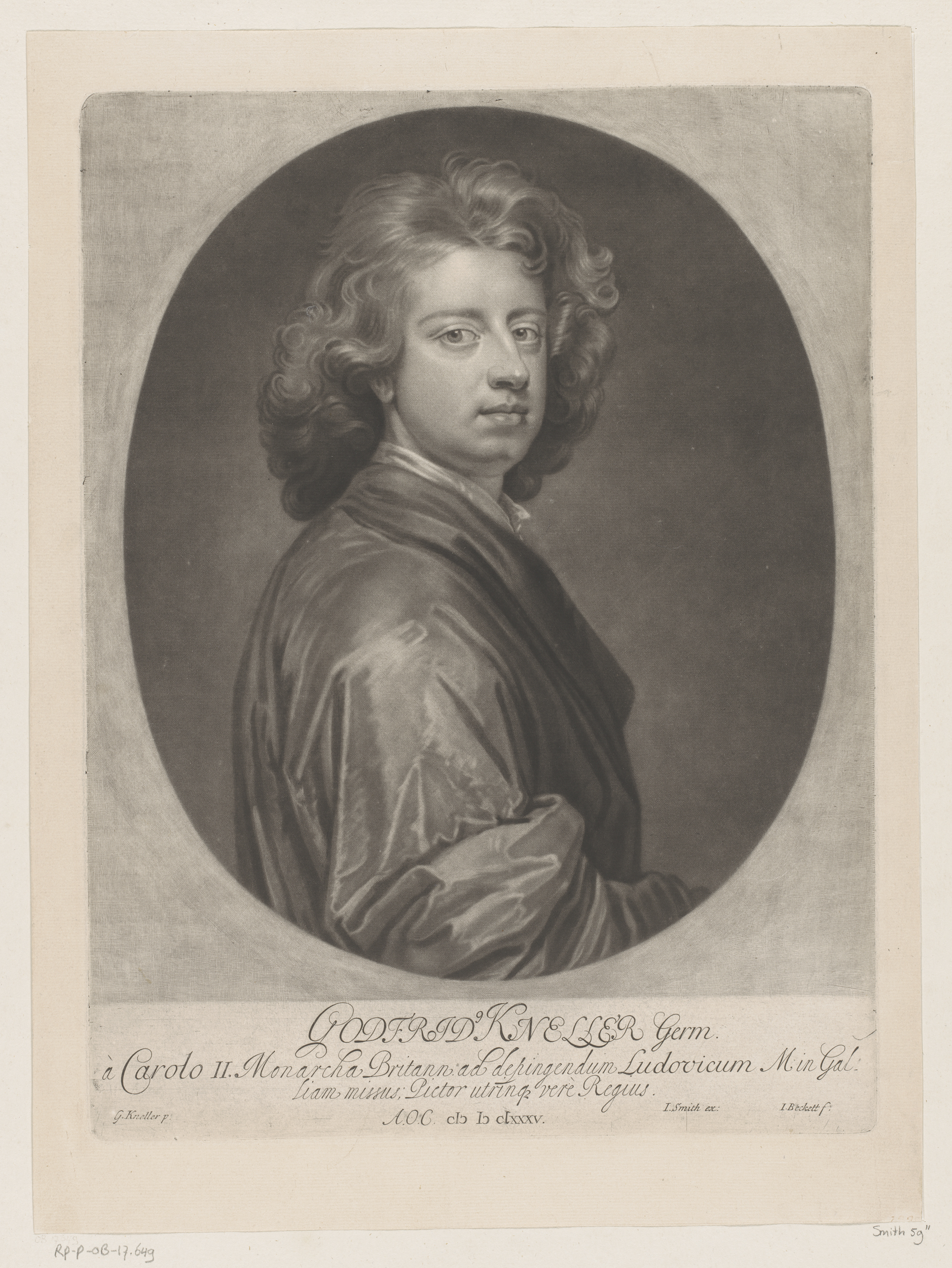Portrait of Gottfried Kneller by Isaac Beckett, paper medium, featuring intense gaze and rich attire.