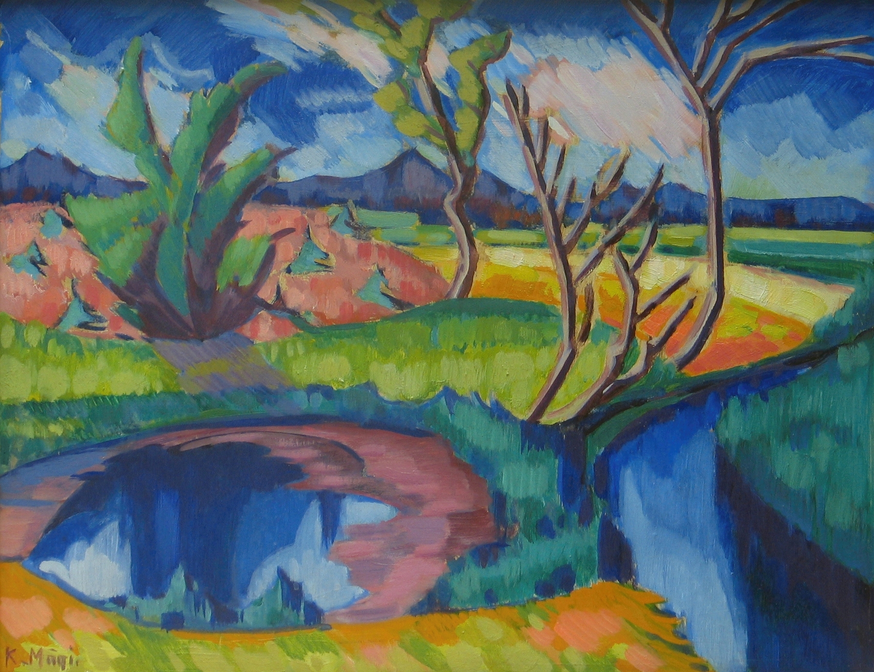 Landscape oil painting by Konrad Mägi featuring golden light over fields