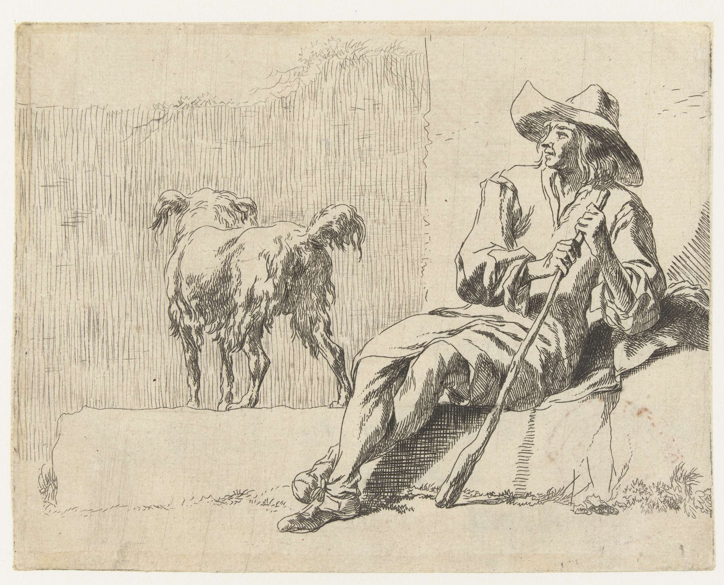 Zittende herder met zijn hond, etching by Nicolaes Pietersz Berchem, depicting a shepherd with his dog.