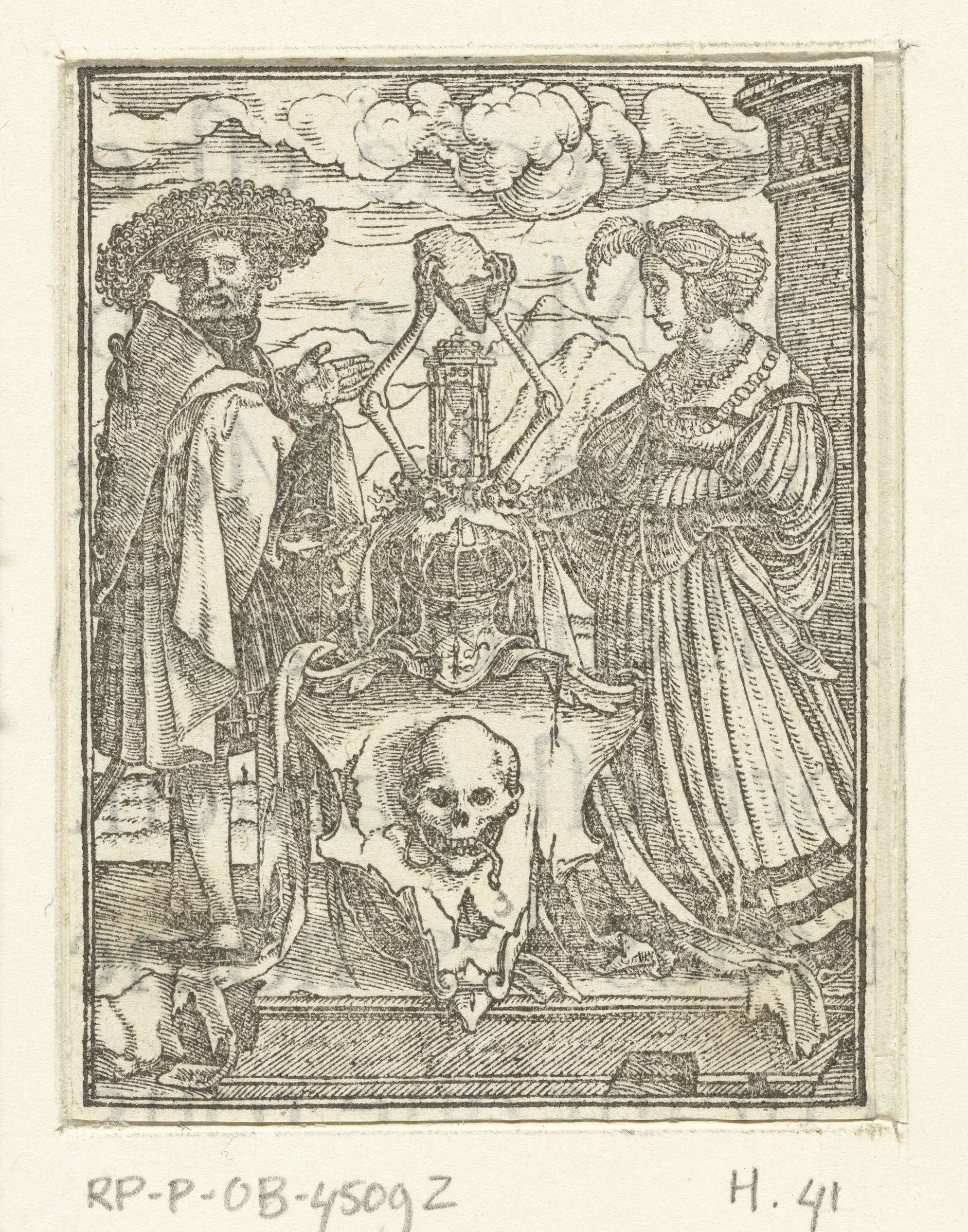 Allegorical etching of a skeleton in armor with a man and woman by Hans Holbein (II)