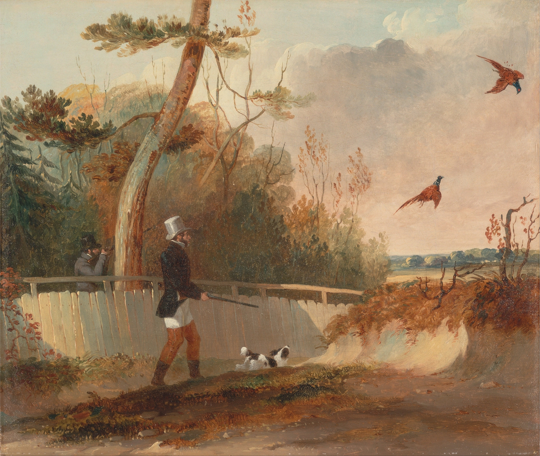 Pheasant Shooting by Samuel John Egbert Jones, realism, depicting hunters in a forest setting
