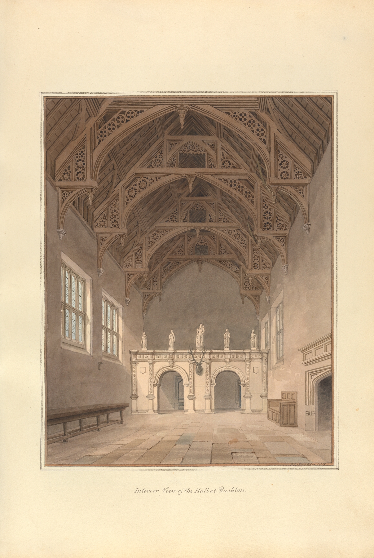 Interior view of a hall with grand archways, watercolor by John Buckler