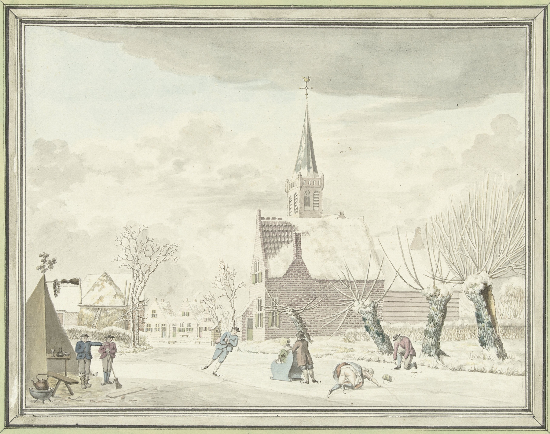 Winter village scene with ice skating, oil painting by Cornelis van Noorde