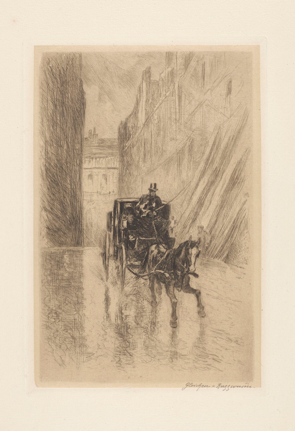 City landscape featuring a horse cab, oil on canvas by Heinrich-Ludwig von Gleichen-Russworm