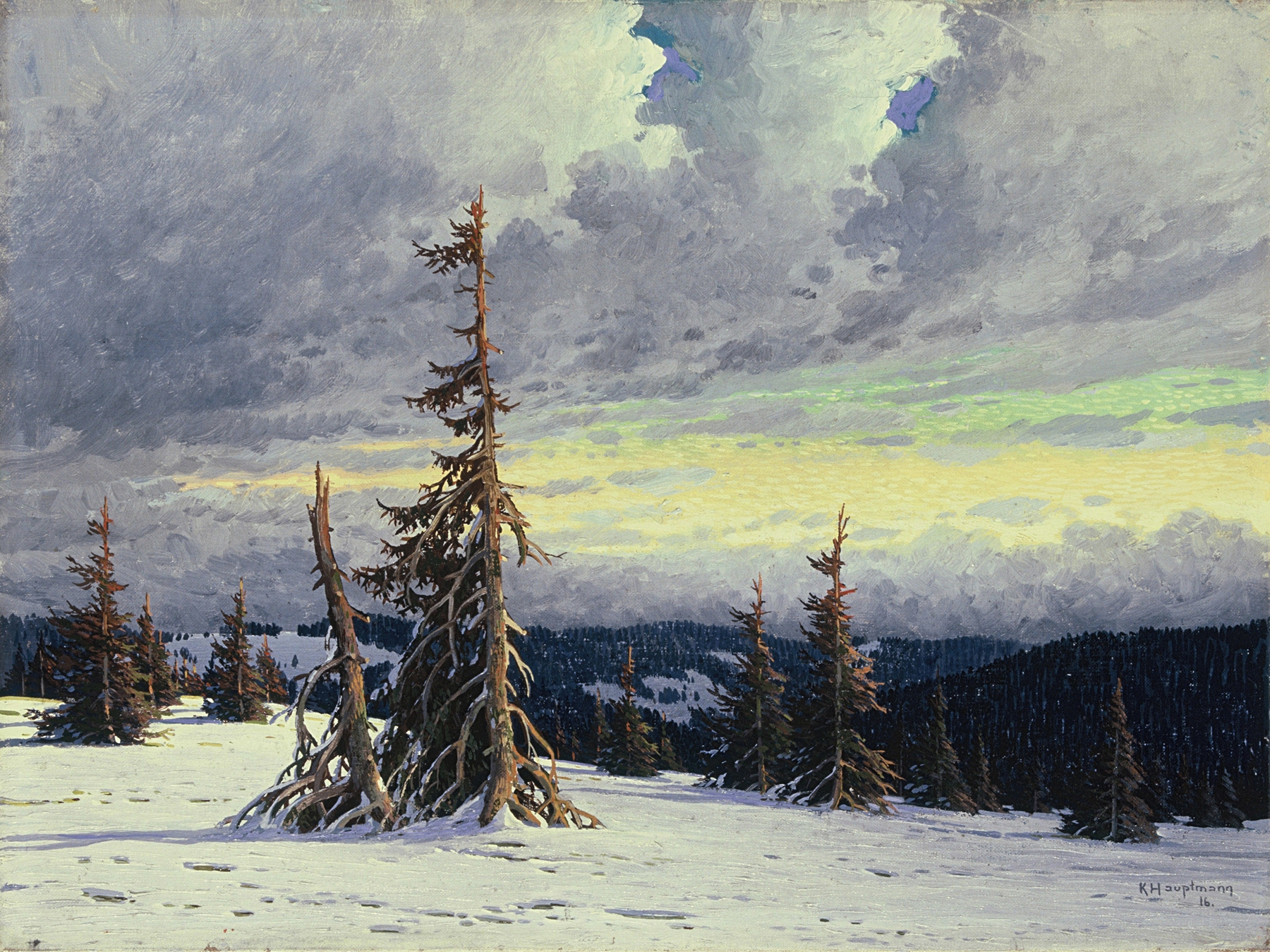 Winter landscape with snow and dark trees by Karl Hauptmann, oil on canvas