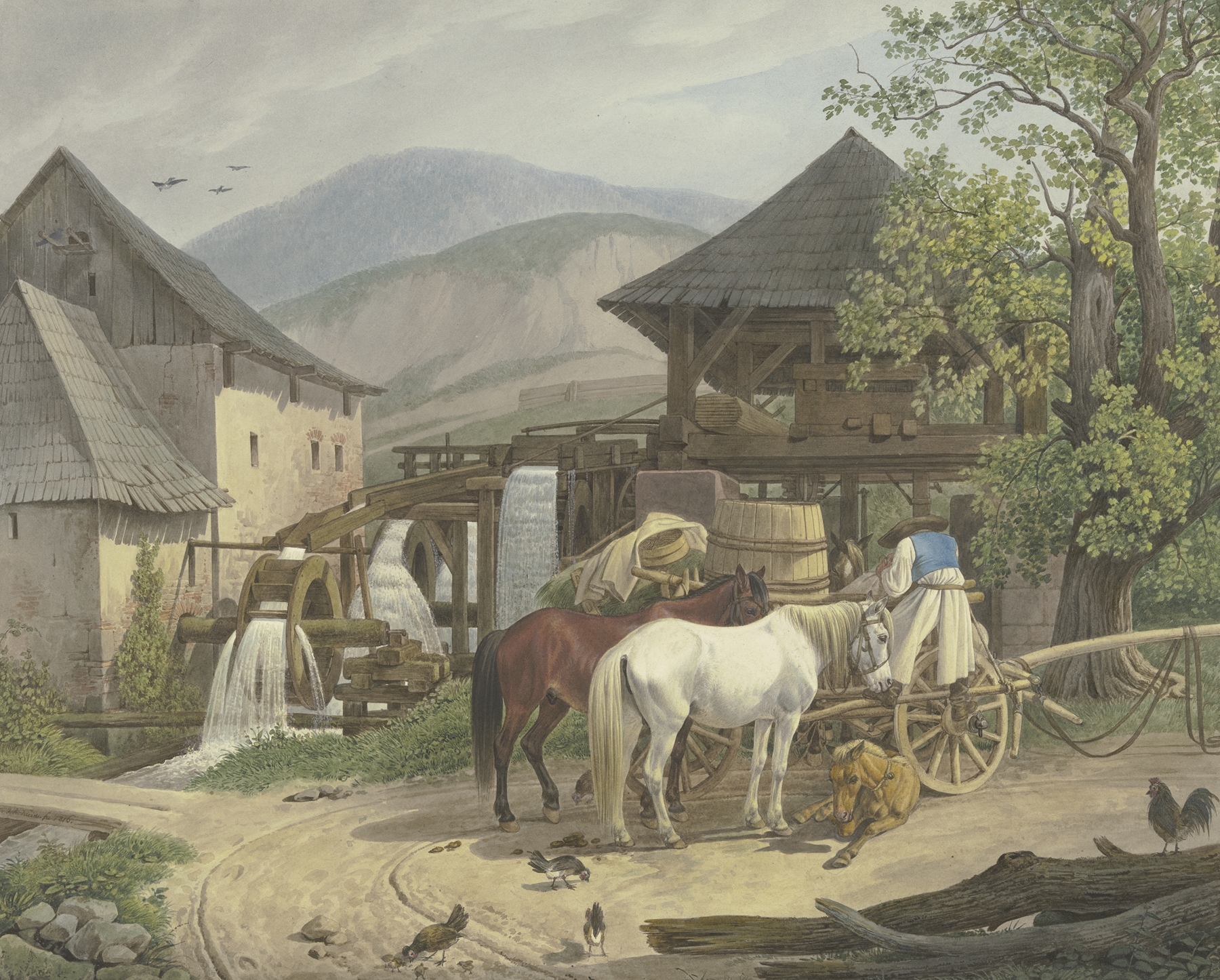 Landscape featuring a mill in a valley, oil painting by Johann Adam Klein