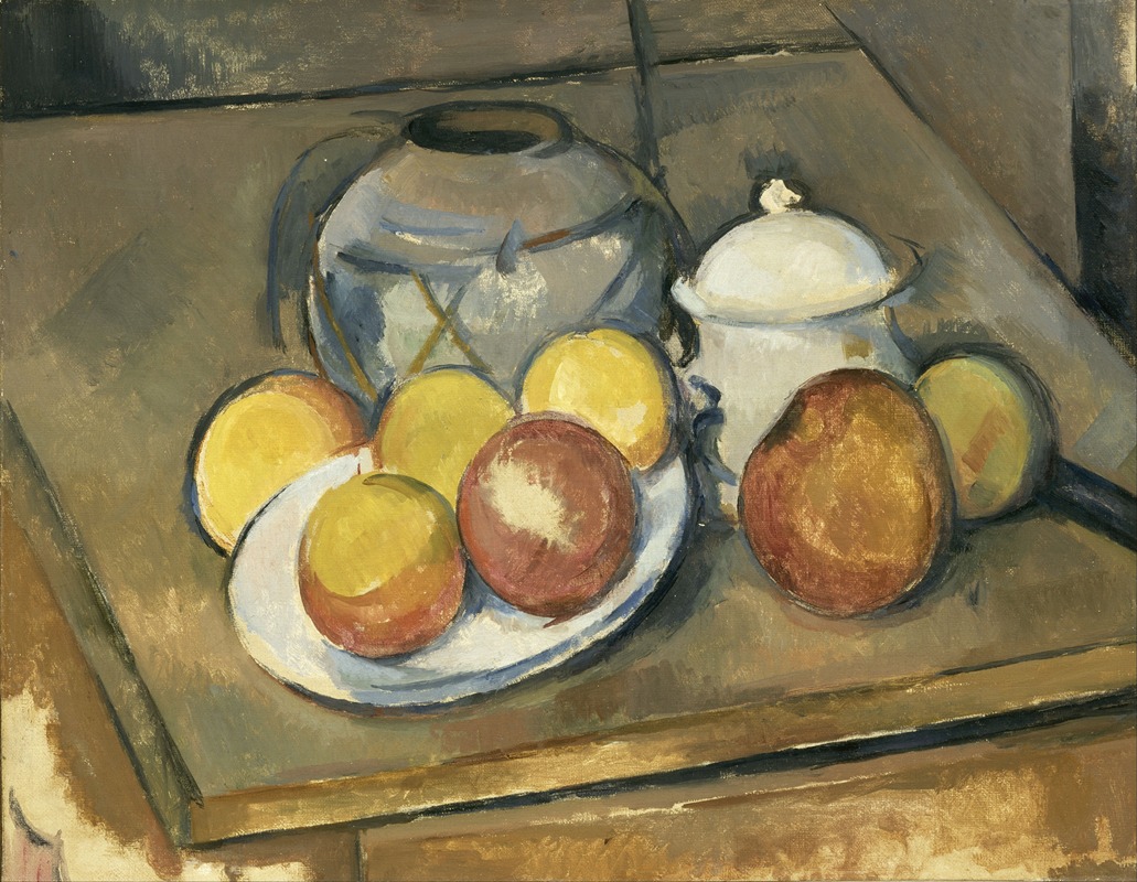 A still life painting featuring a vase, sugar bowl, and apples.
