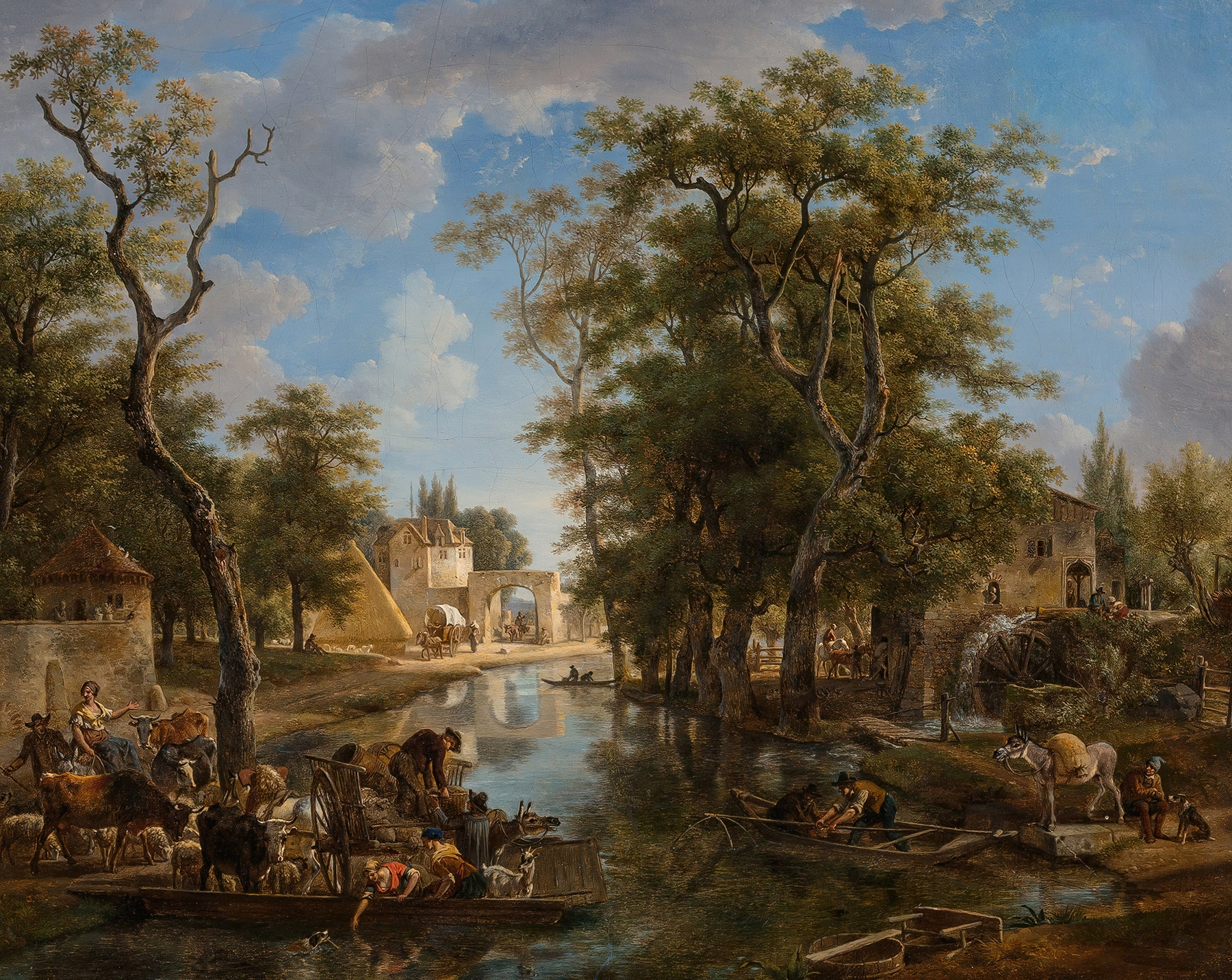 Canal scene with boats and townspeople, oil painting by Jean-Louis Demarne