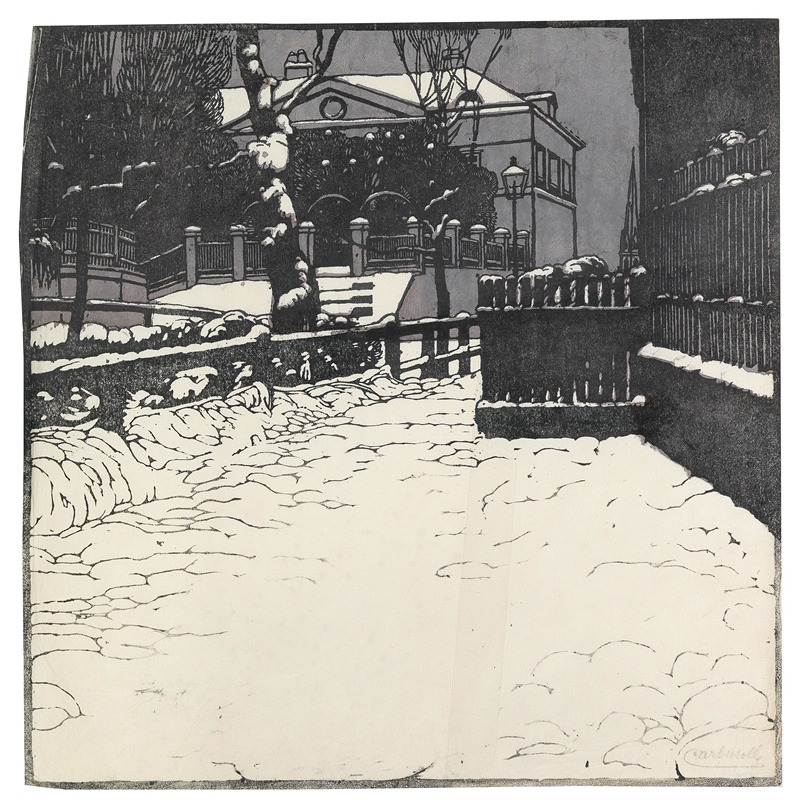 A serene winter landscape featuring a villa in Döbling, painted by Carl Moll.