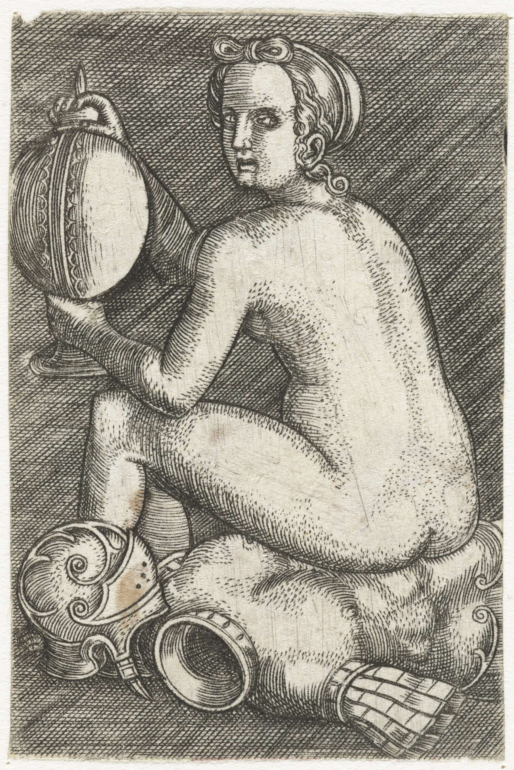 Naakte vrouw zittend op wapenrusting, by Unknown Artist, public domain