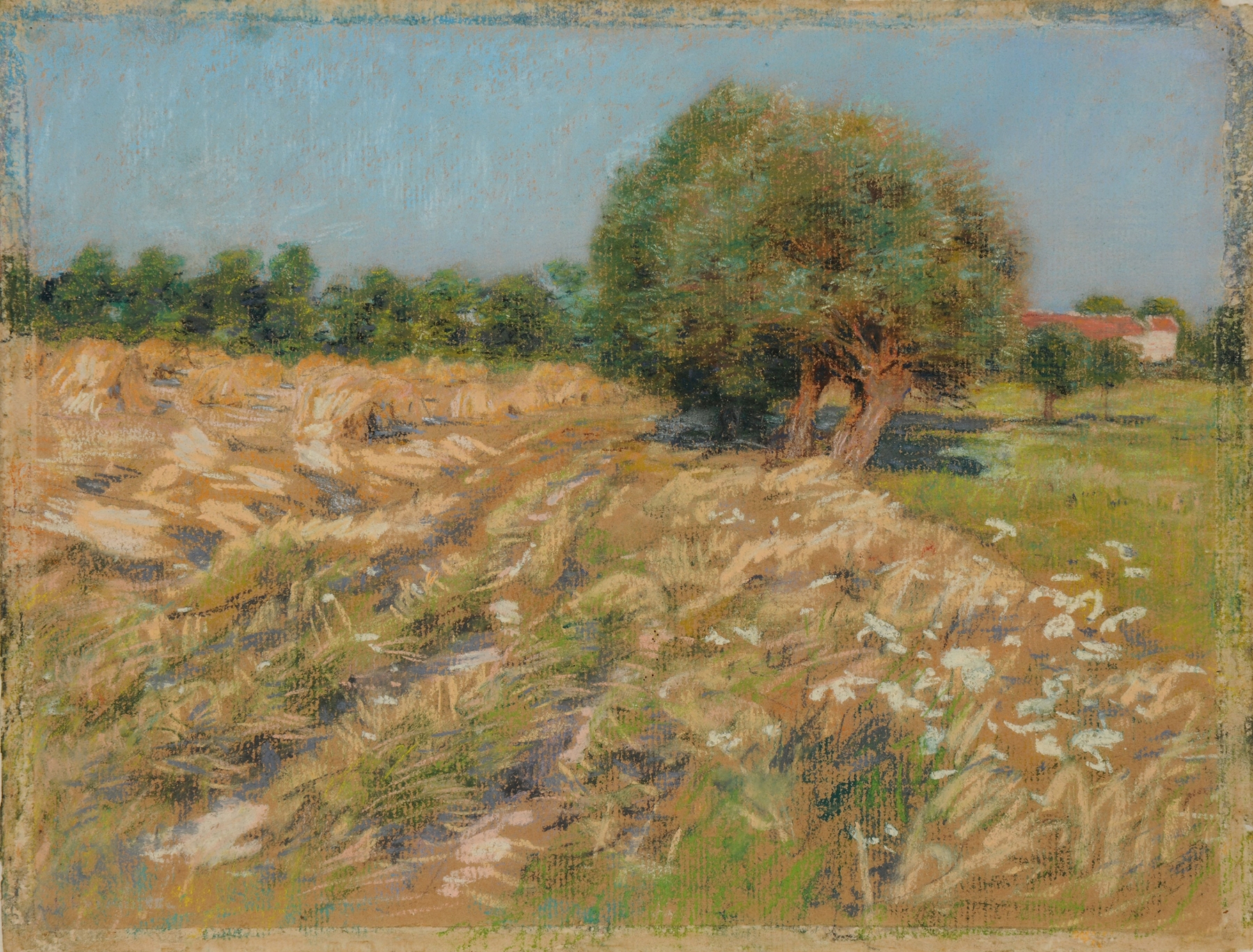 Landscape with golden fields and a farmhouse by Léon Augustin Lhermitte, oil painting