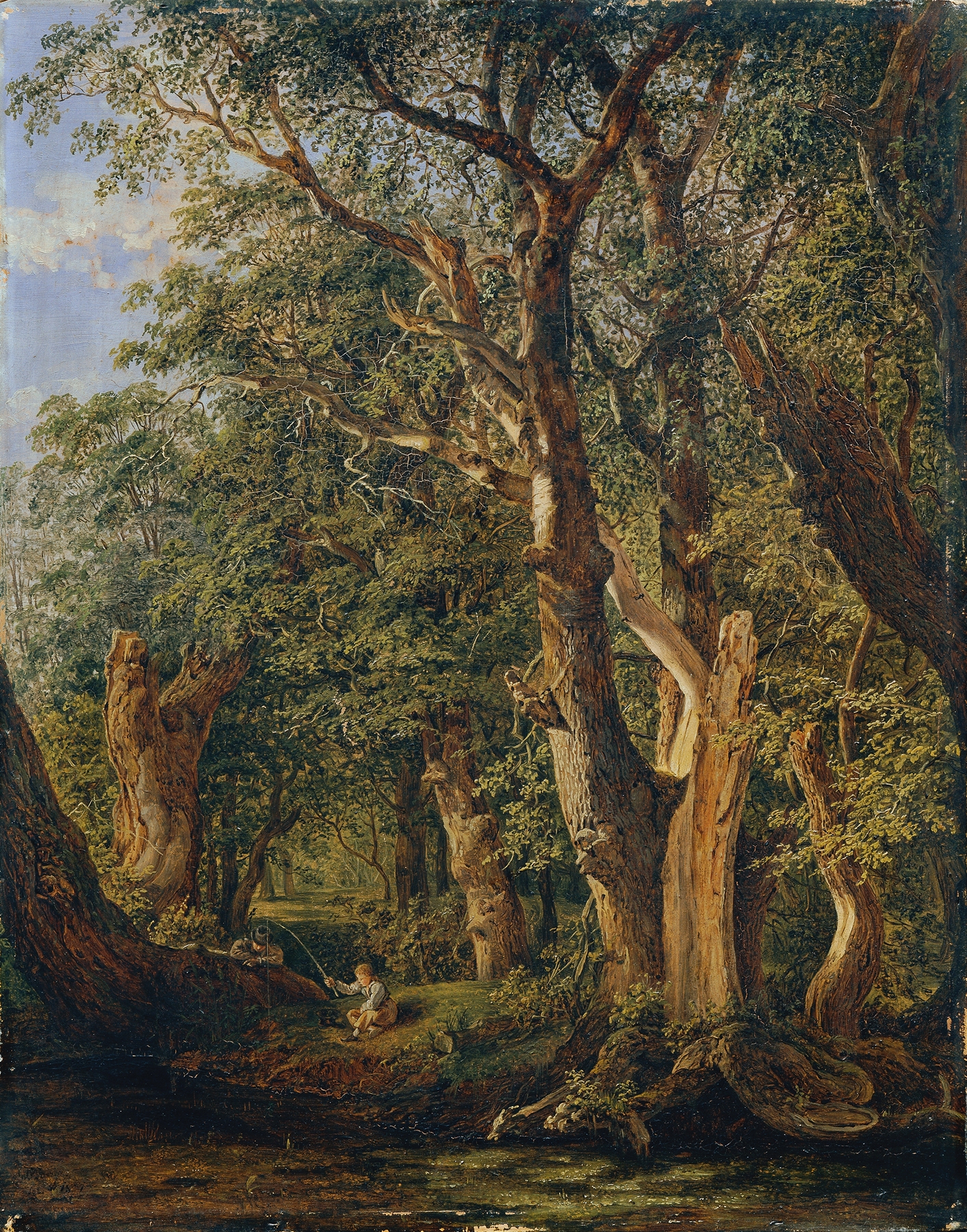 Genre scene depicting children fishing by a river, oil painting by Matthias Rudolf Toma