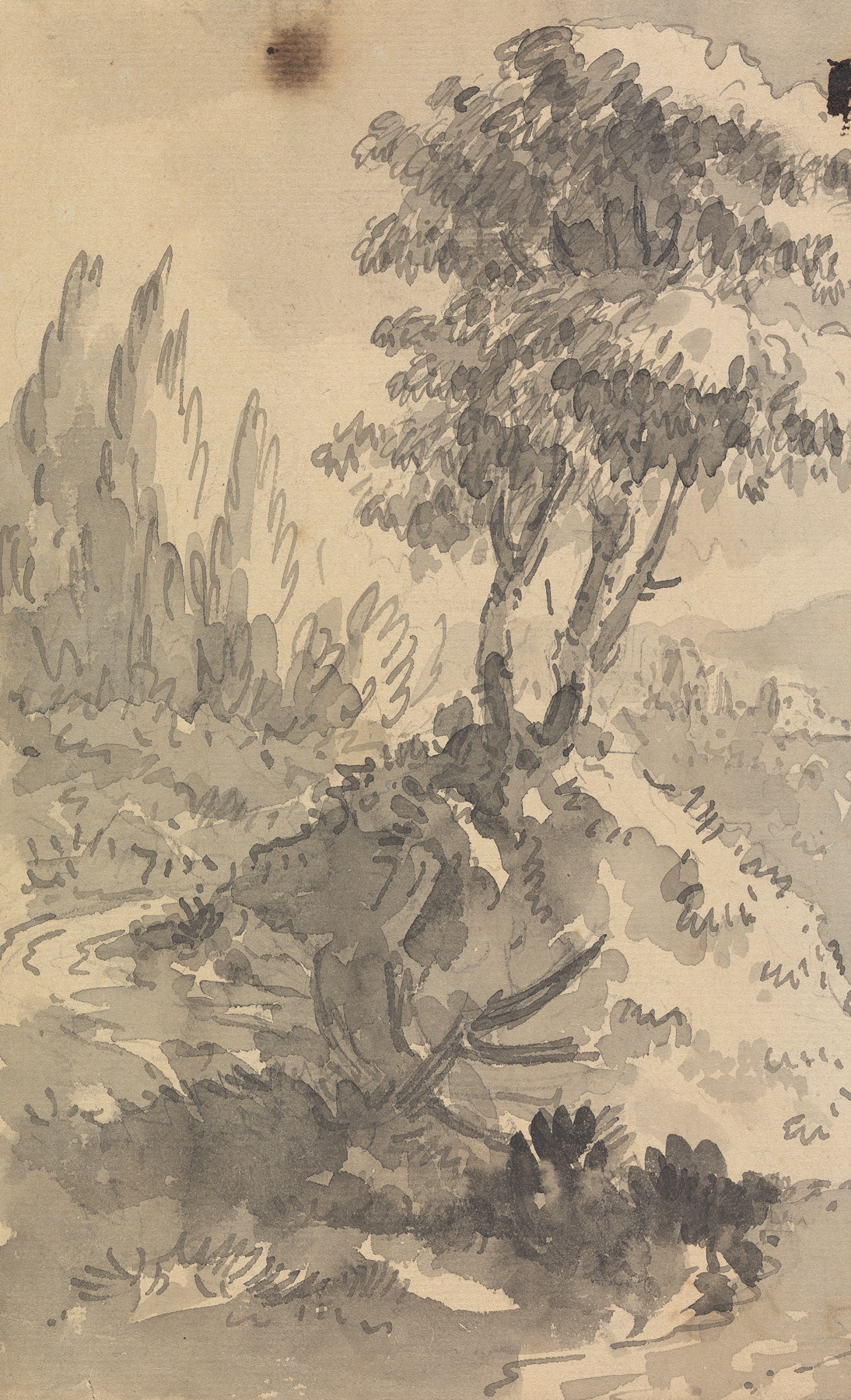 Landscape by William Gilpin, watercolor on paper, depicting rolling hills and soft clouds